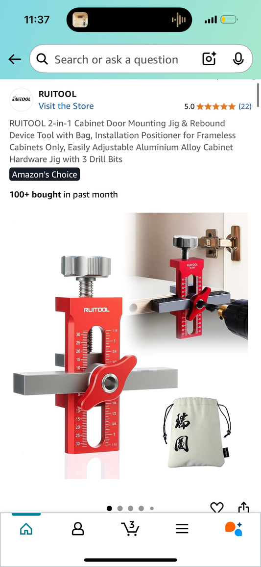 RUITOOL 2-in-1 Cabinet Door Mounting Jig & Rebound Device Tool with Bag, Installation Positioner for Frameless Cabinets Only, Easily Adjustable Aluminium Alloy Cabinet Hardware Jig with 3 Drill Bits