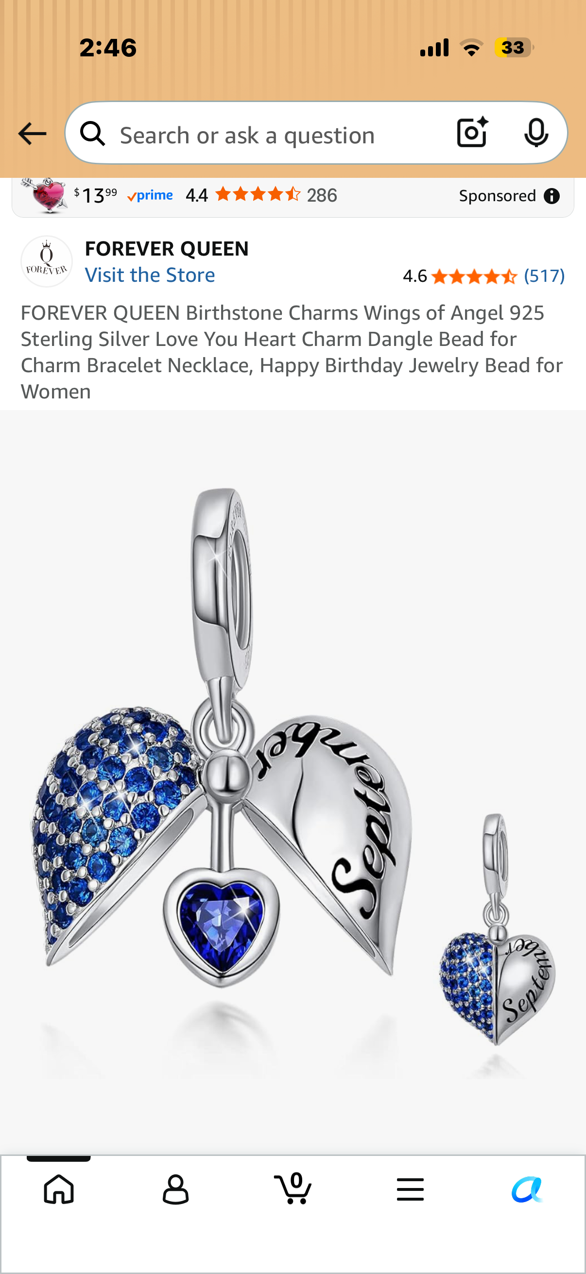 FOREVER QUEEN Birthstone Charms Wings of Angel 925 Sterling Silver Love You Heart Charm Dangle Bead for Charm Bracelet Necklace, Happy Birthday Jewelry Bead for Women