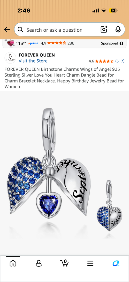 FOREVER QUEEN Birthstone Charms Wings of Angel 925 Sterling Silver Love You Heart Charm Dangle Bead for Charm Bracelet Necklace, Happy Birthday Jewelry Bead for Women