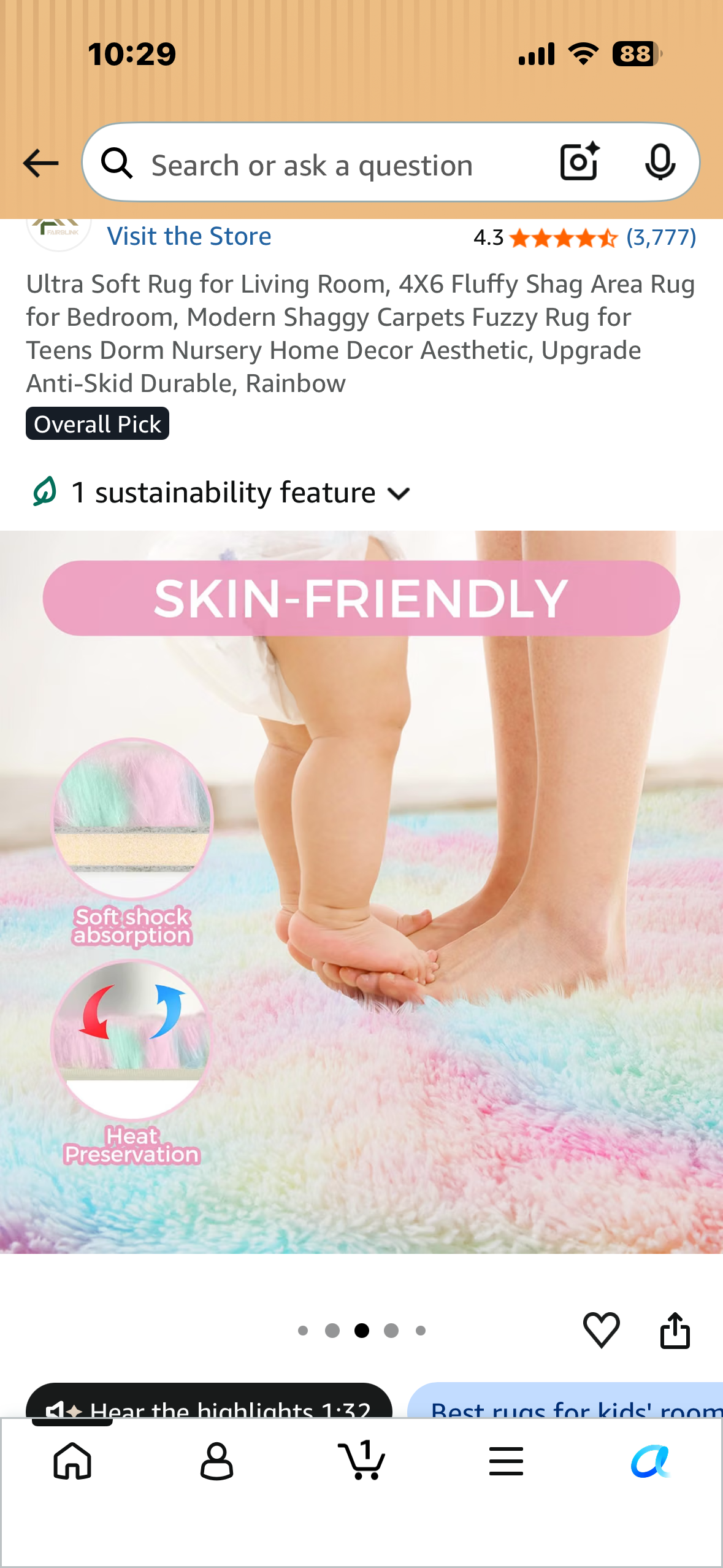 Ultra Soft 4X6 Shag Area Rug, Modern Shaggy Carpet. Fuzzy Anti-Skid Durable, Rainbow
