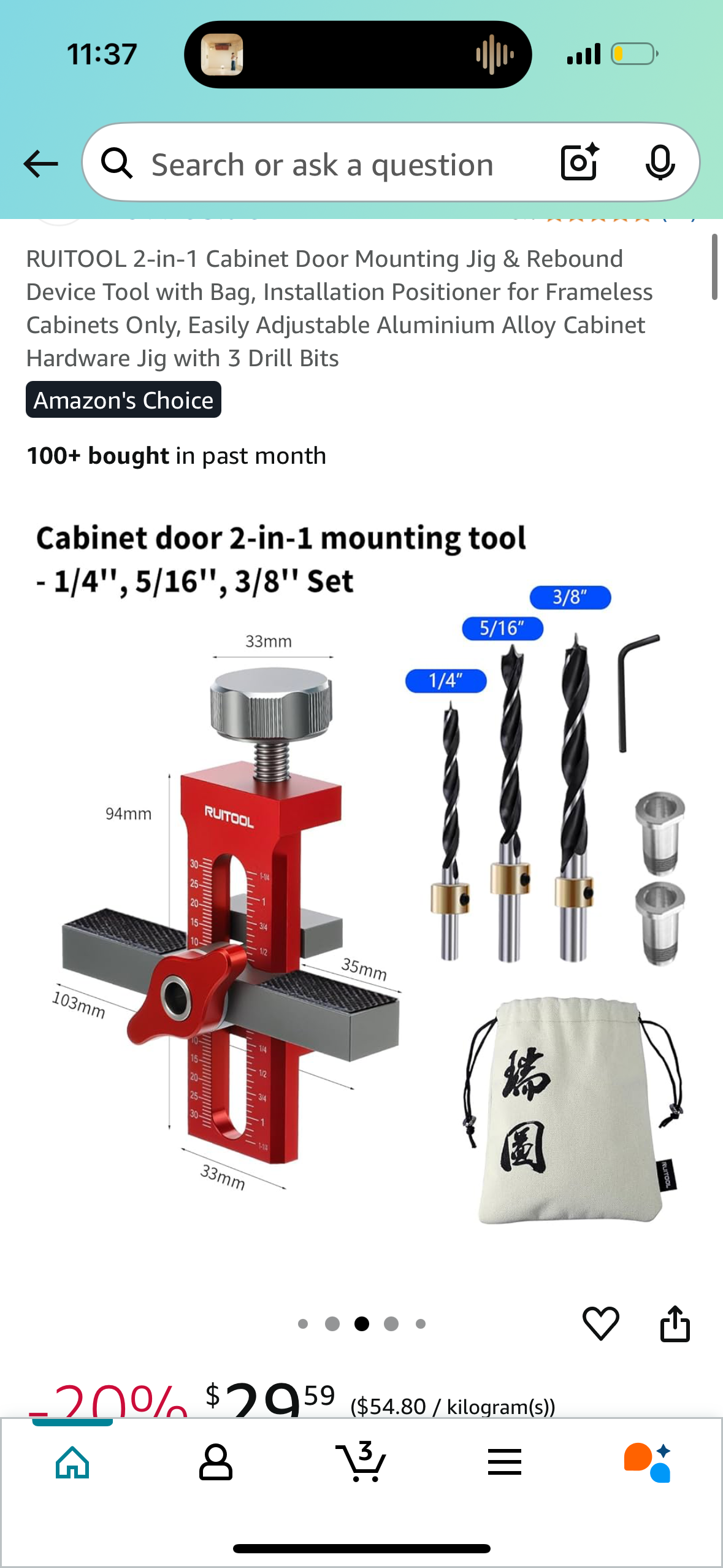 RUITOOL 2-in-1 Cabinet Door Mounting Jig & Rebound Device Tool with Bag, Installation Positioner for Frameless Cabinets Only, Easily Adjustable Aluminium Alloy Cabinet Hardware Jig with 3 Drill Bits