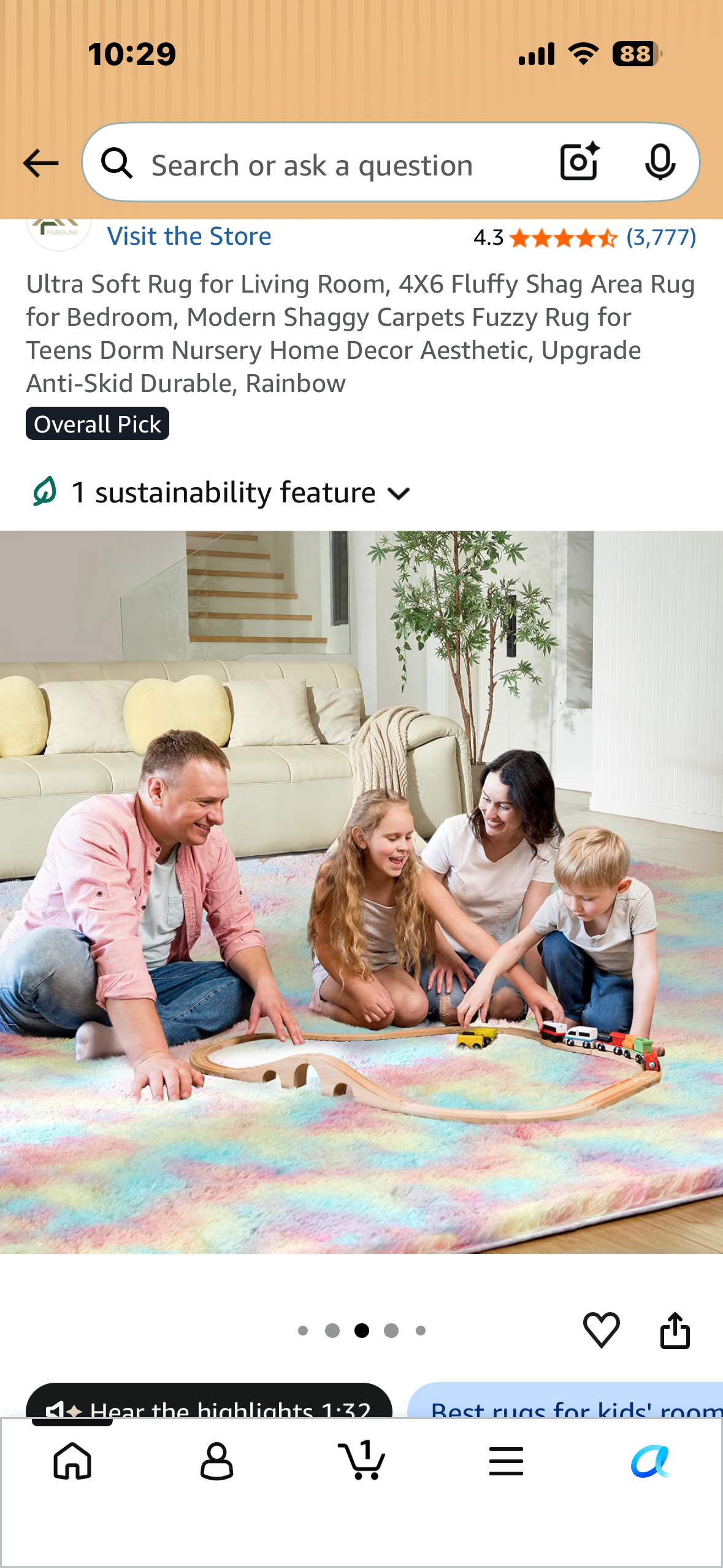 Ultra Soft 4X6 Shag Area Rug, Modern Shaggy Carpet. Fuzzy Anti-Skid Durable, Rainbow