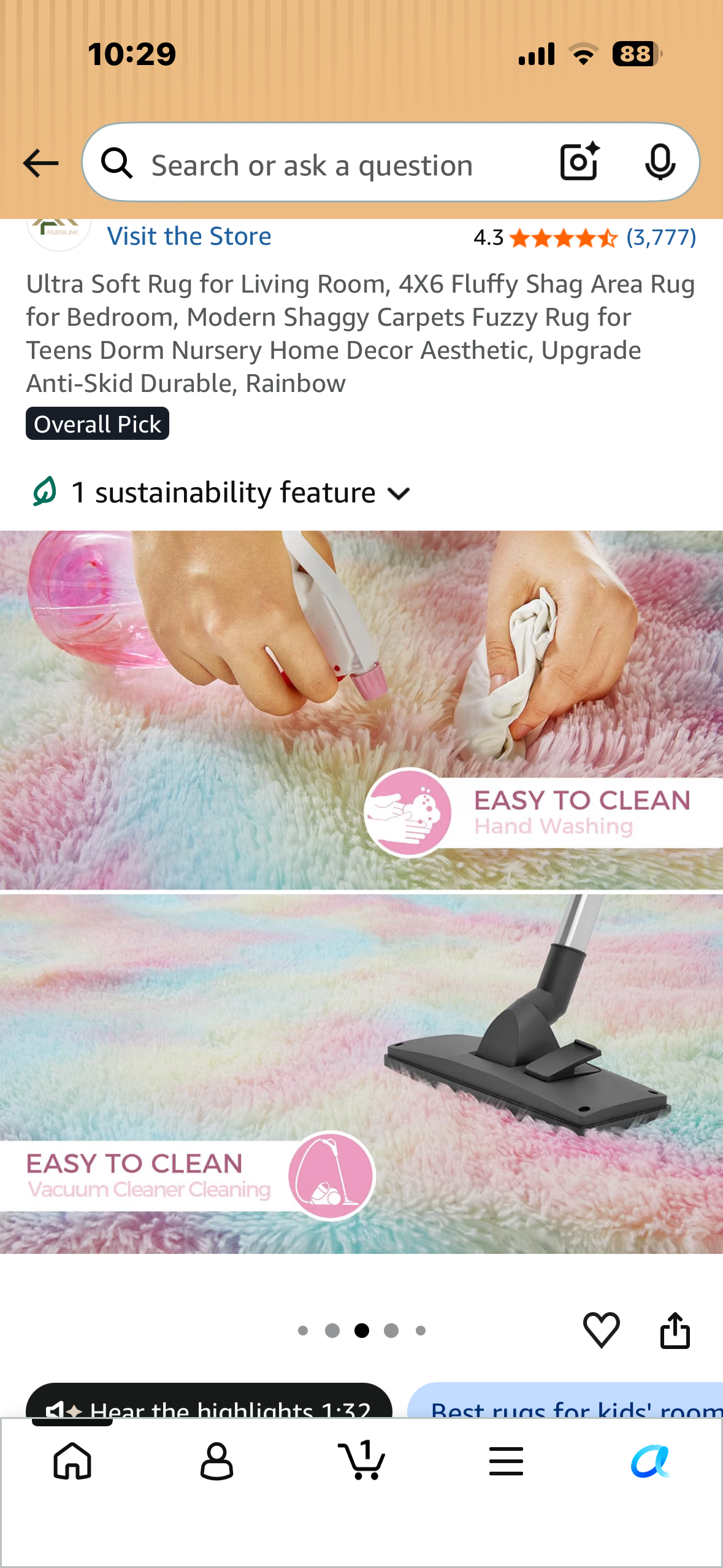 Ultra Soft 4X6 Shag Area Rug, Modern Shaggy Carpet. Fuzzy Anti-Skid Durable, Rainbow