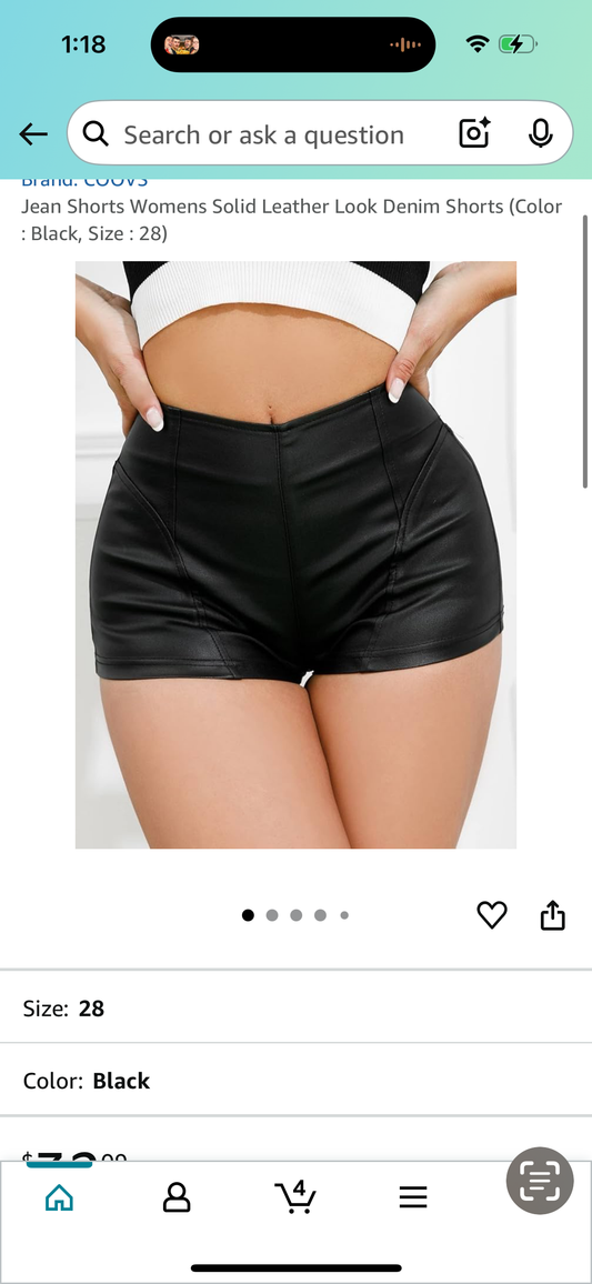 Jean Shorts Womens Solid Leather Look Shorts Black (Size M)