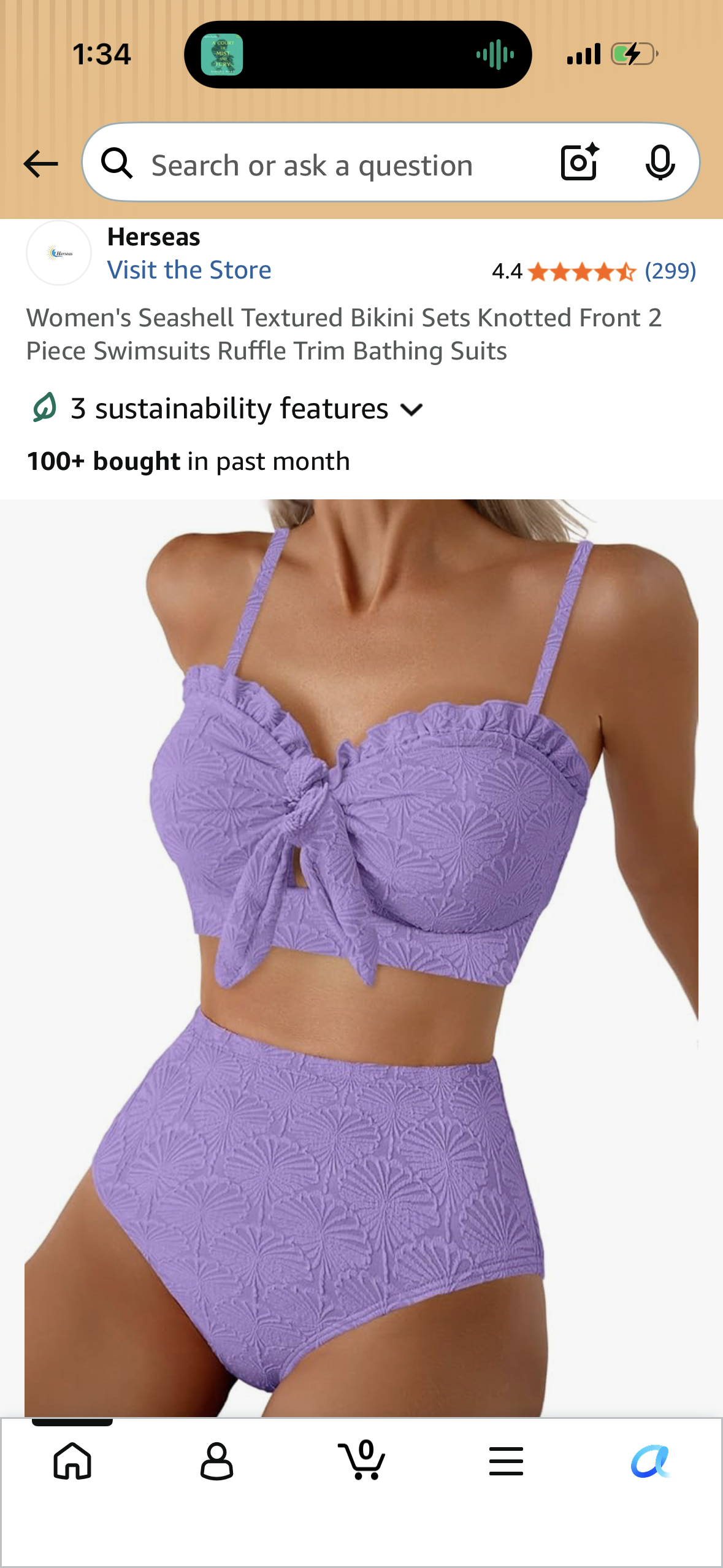 Women's Seashell Textured Bikini Sets Knotted Front 2 Piece Swimsuits Ruffle Trim Bathing Suits (Size Large)