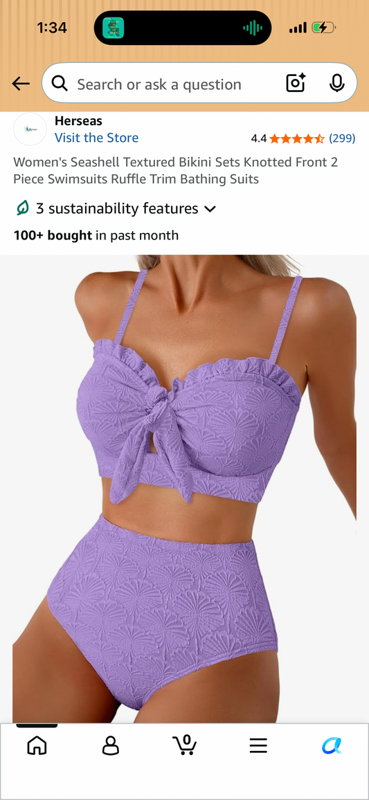 Women's Seashell Textured Bikini Sets Knotted Front 2 Piece Swimsuits Ruffle Trim Bathing Suits (Size Large)