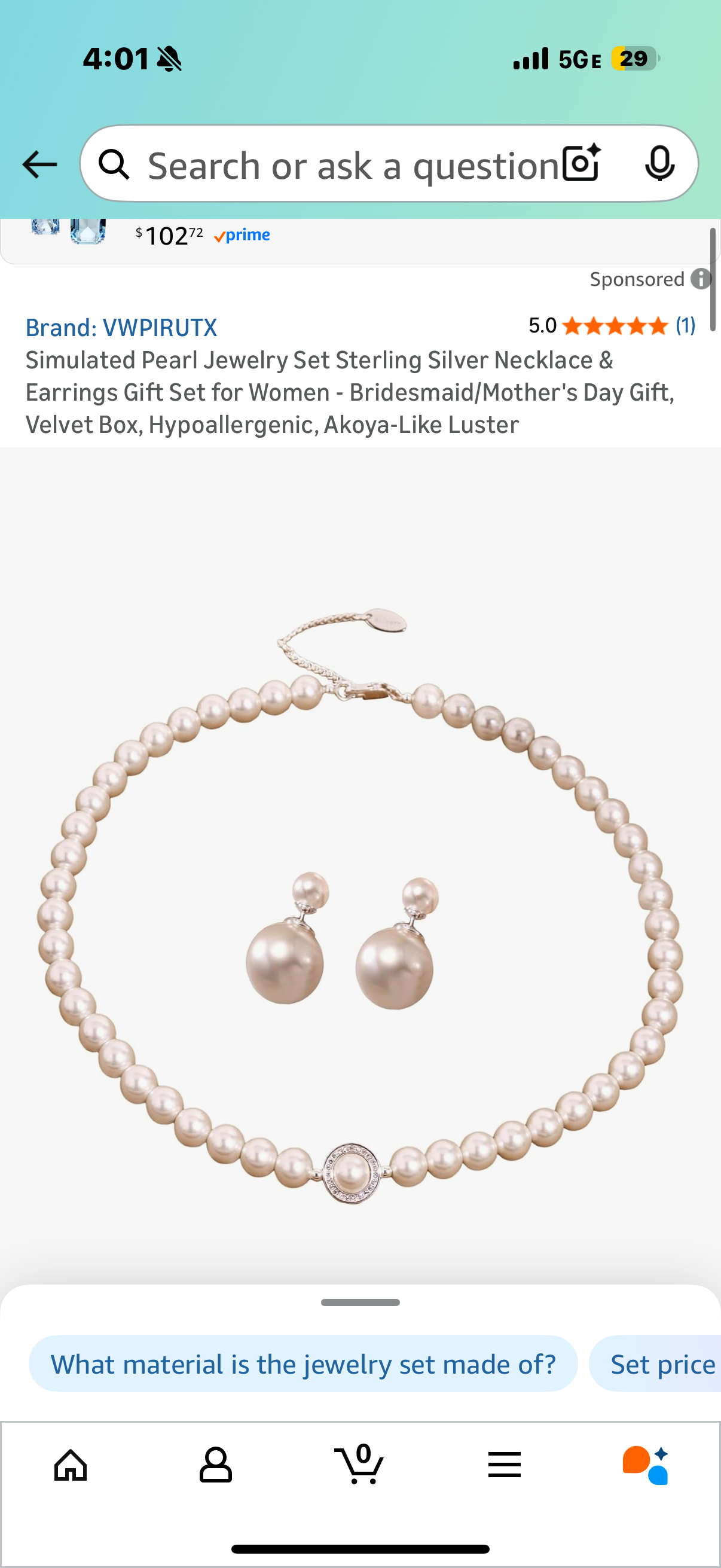 Simulated Pearl Jewelry Set Sterling Silver Necklace & Earrings Gift Set for Women - Bridesmaid/Mother's Day Gift, Velvet Box, Hypoallergenic, Akoya-Like Luster