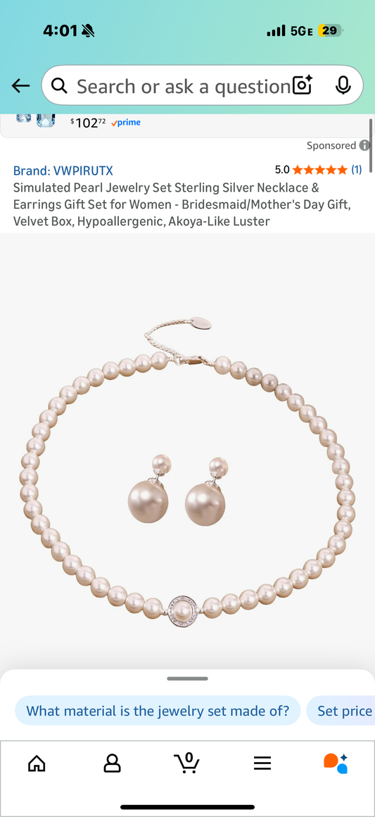 Simulated Pearl Jewelry Set Sterling Silver Necklace & Earrings Gift Set for Women - Bridesmaid/Mother's Day Gift, Velvet Box, Hypoallergenic, Akoya-Like Luster