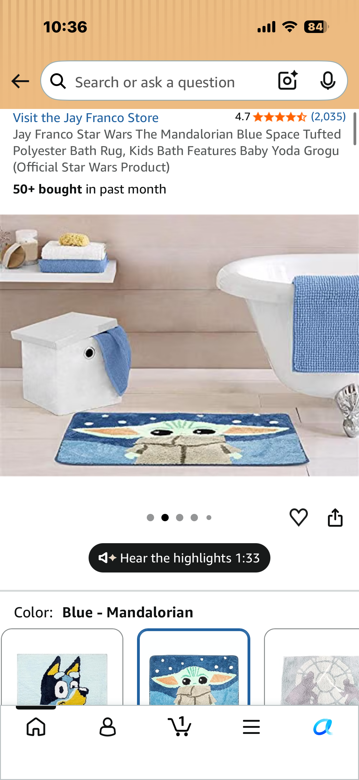Jay Franco Star Wars The Mandalorian Blue Space Tufted Polyester Bath Rug, Kids Bath Features Baby Yoda Grogu (Official Star Wars Product)