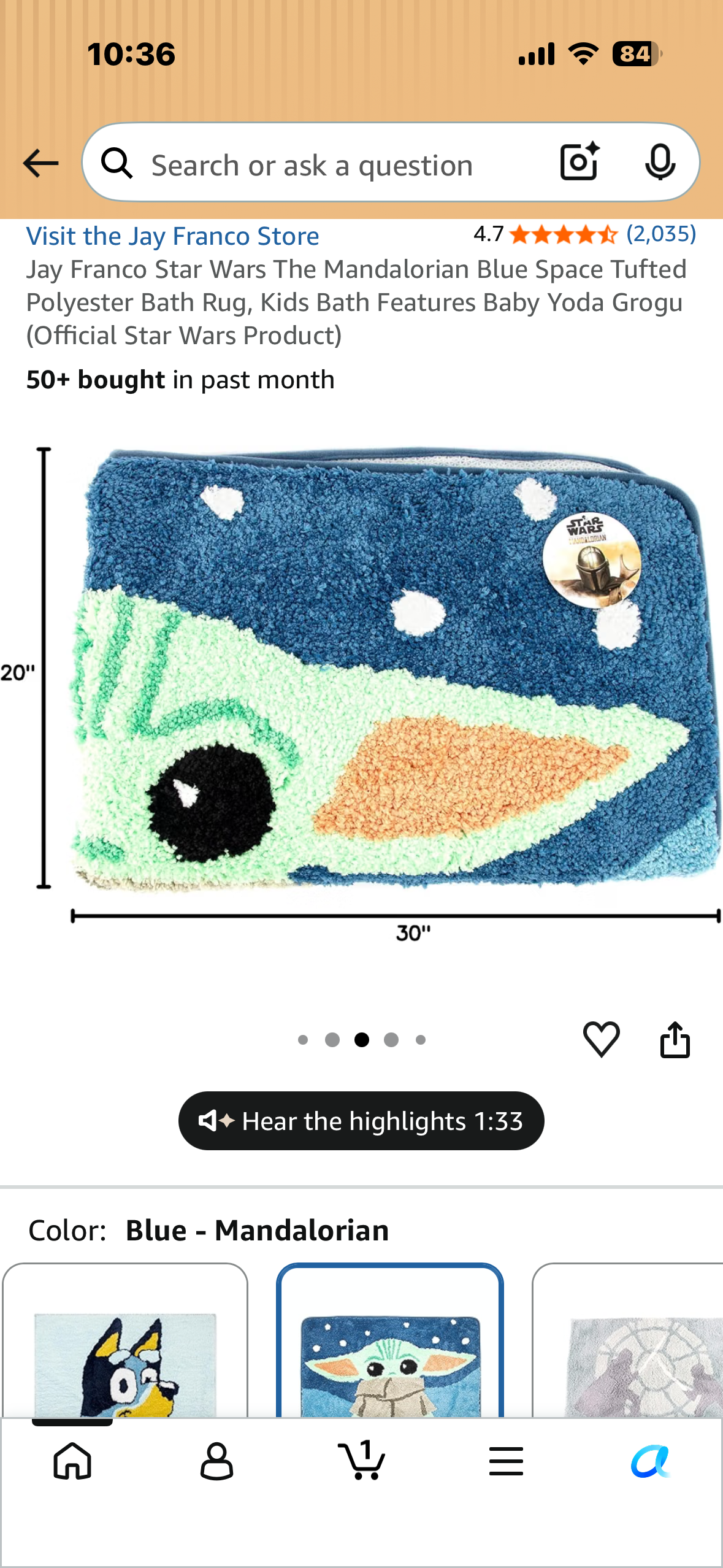 Jay Franco Star Wars The Mandalorian Blue Space Tufted Polyester Bath Rug, Kids Bath Features Baby Yoda Grogu (Official Star Wars Product)