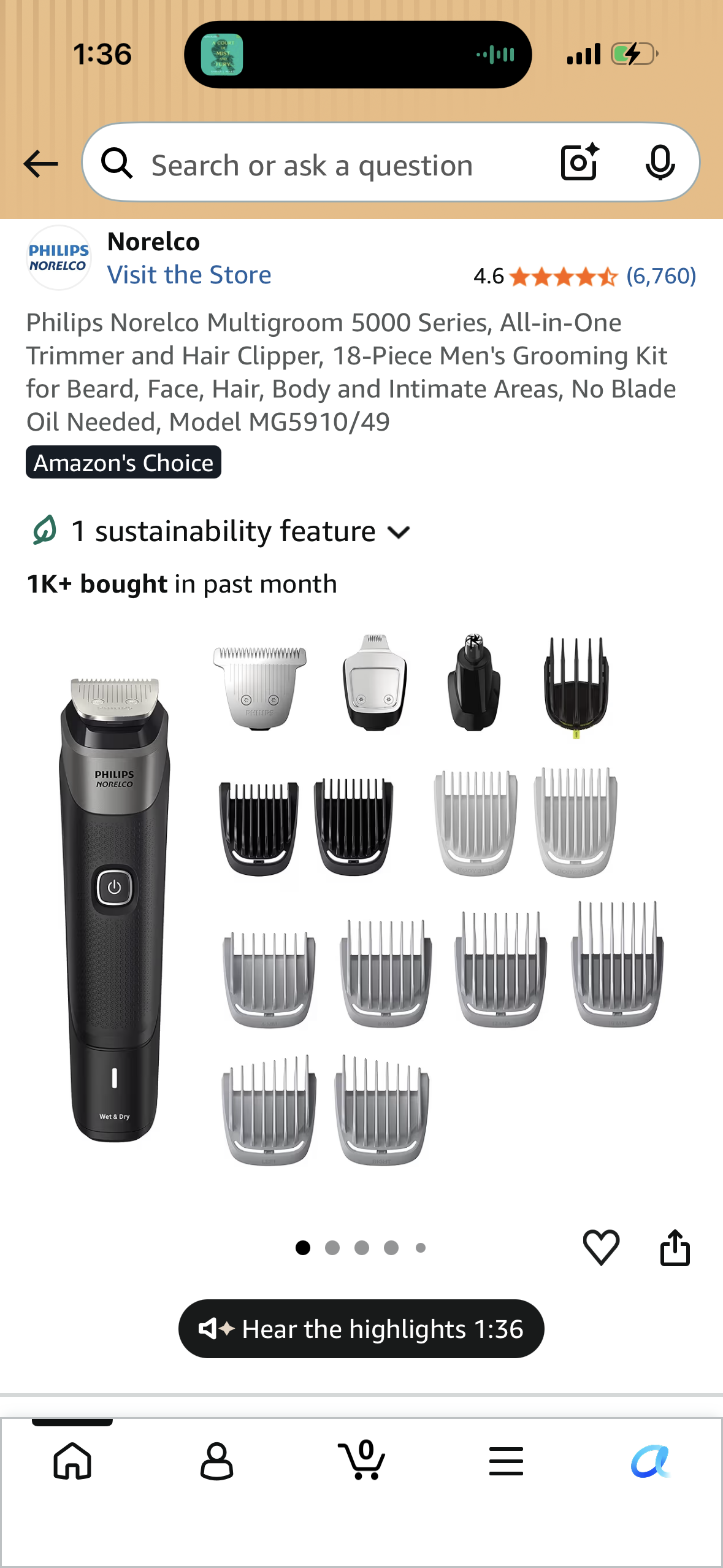 Philips Norelco Multigroom 5000 Series, All-in-One Trimmer and Hair Clipper, 18-Piece Men's Grooming Kit for Beard, Face, Hair, Body and Intimate Areas, No Blade Oil Needed, Model MG5910/49