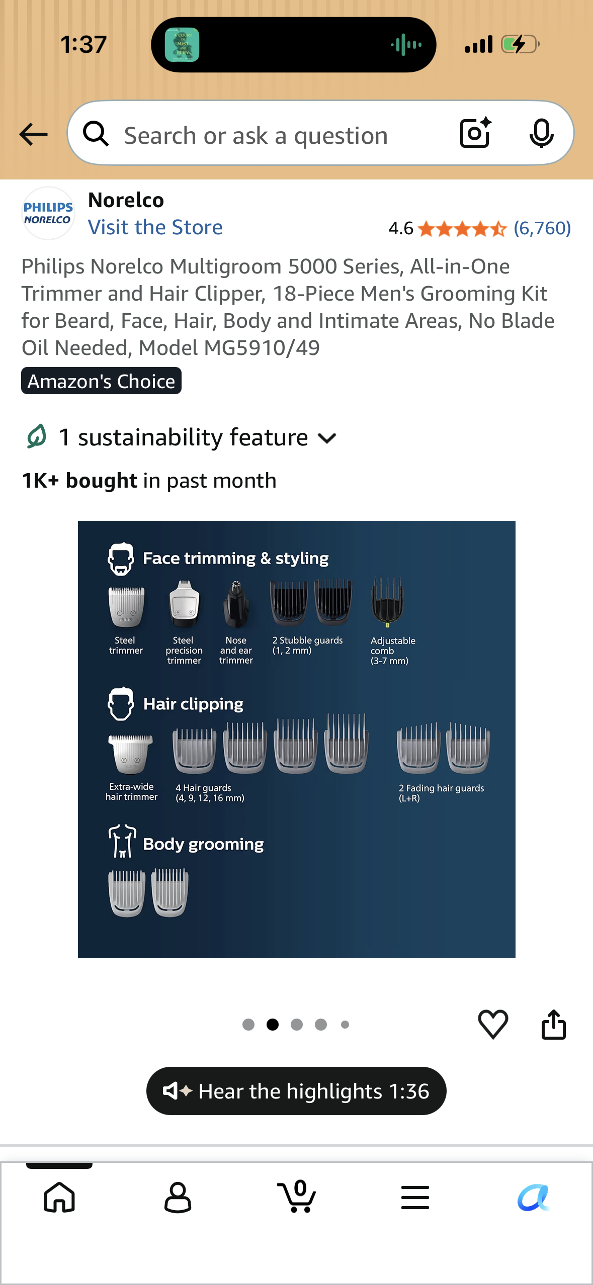 Philips Norelco Multigroom 5000 Series, All-in-One Trimmer and Hair Clipper, 18-Piece Men's Grooming Kit for Beard, Face, Hair, Body and Intimate Areas, No Blade Oil Needed, Model MG5910/49