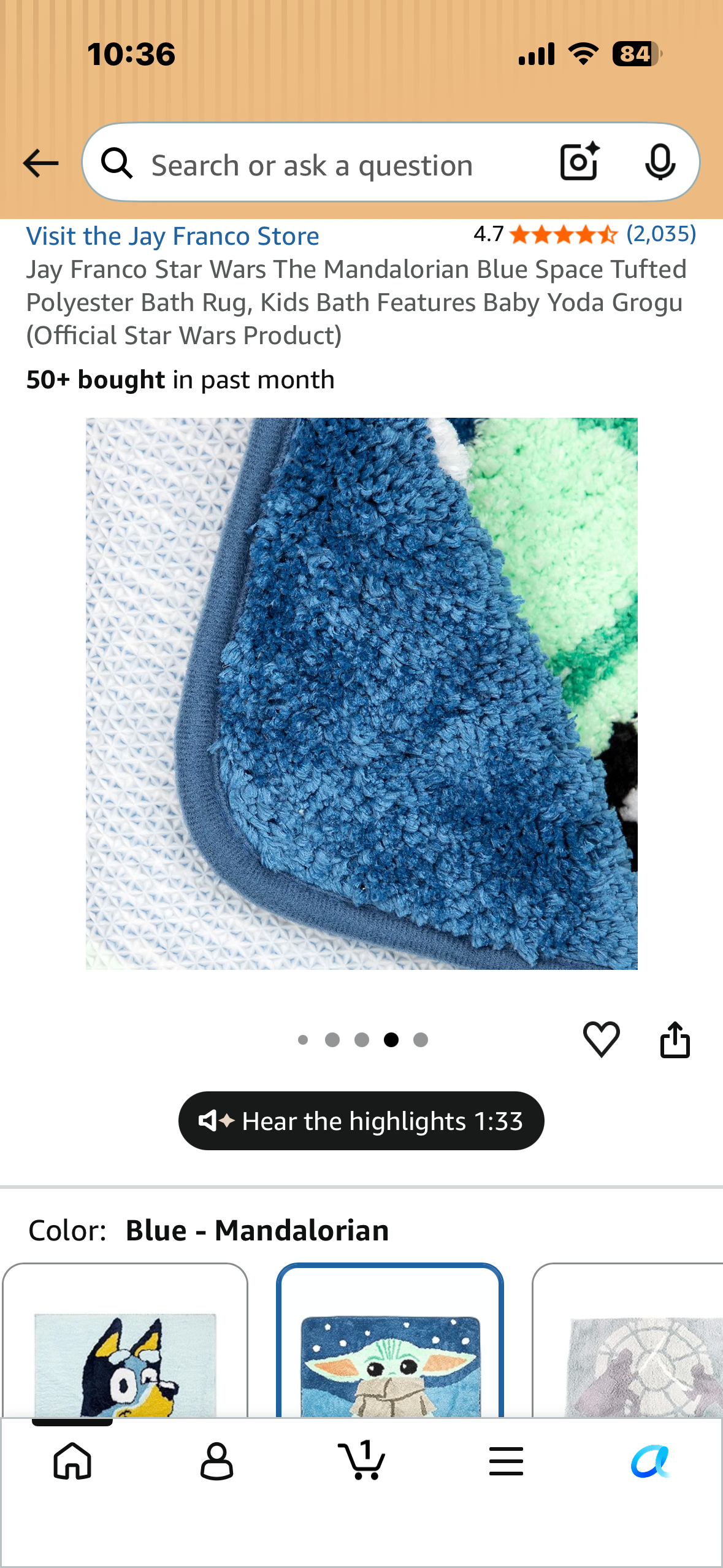 Jay Franco Star Wars The Mandalorian Blue Space Tufted Polyester Bath Rug, Kids Bath Features Baby Yoda Grogu (Official Star Wars Product)