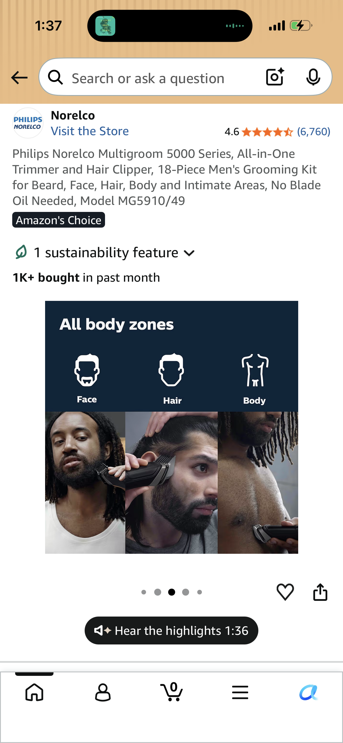 Philips Norelco Multigroom 5000 Series, All-in-One Trimmer and Hair Clipper, 18-Piece Men's Grooming Kit for Beard, Face, Hair, Body and Intimate Areas, No Blade Oil Needed, Model MG5910/49