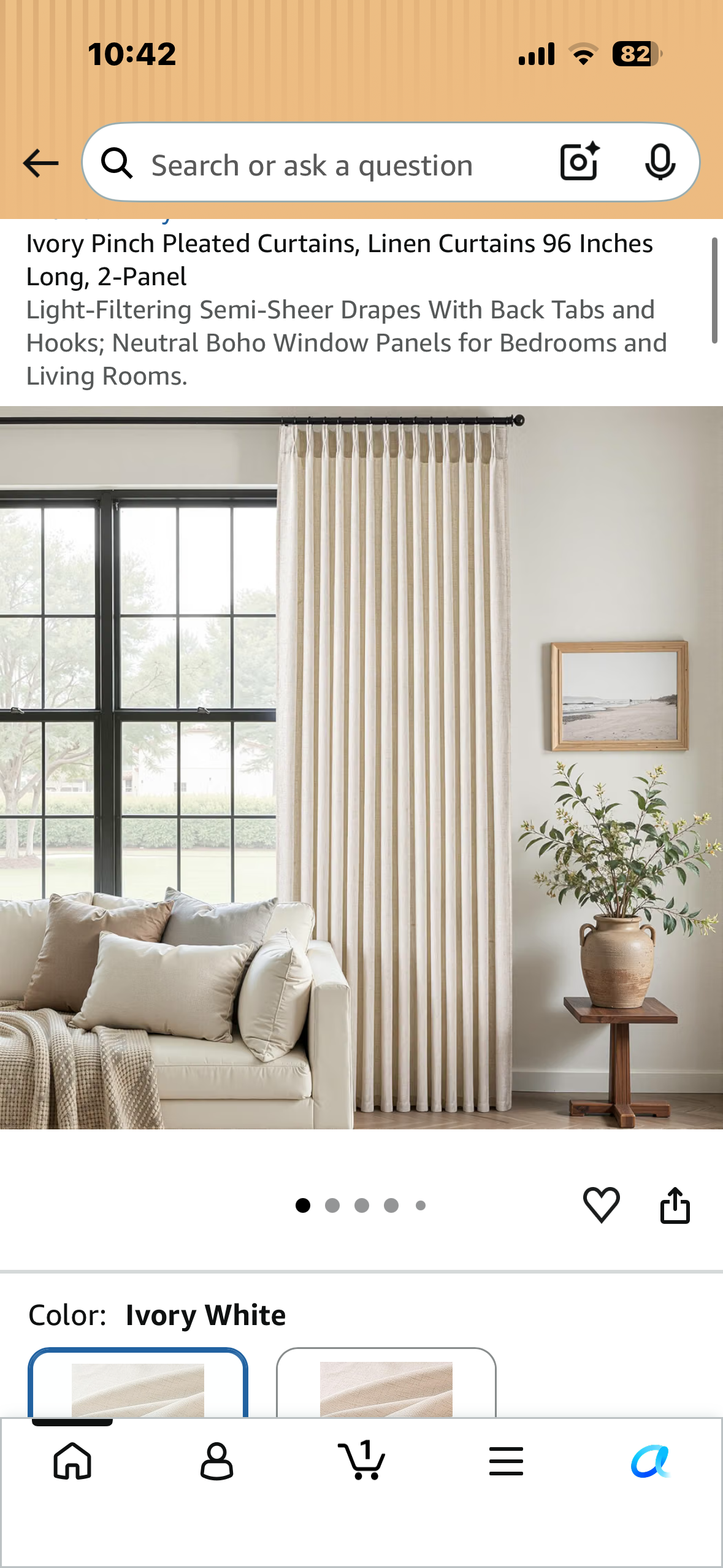 Ivory Pinch Pleated Linen Curtains, 40” Wide x 96” Long, 2-Panel Light-Filtering Drapes With Back Tabs and Hooks; Neutral Boho Window Panels for Bedrooms and Living Rooms.