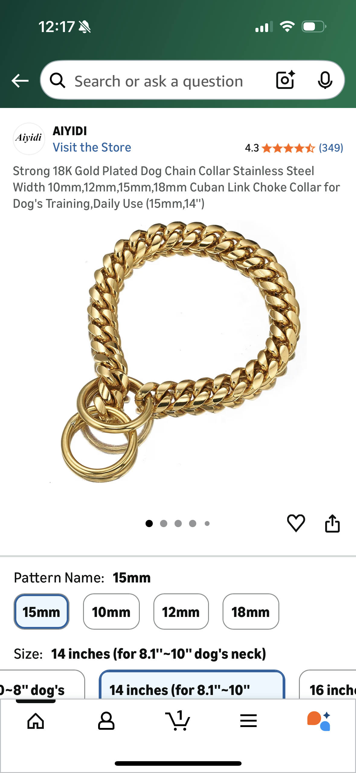 Strong 18K Gold Plated Dog Chain Collar Stainless Steel Width 10mm,12mm,15mm,18mm Cuban Link Choke Collar for Dog's Training,Daily Use (15mm,14'')