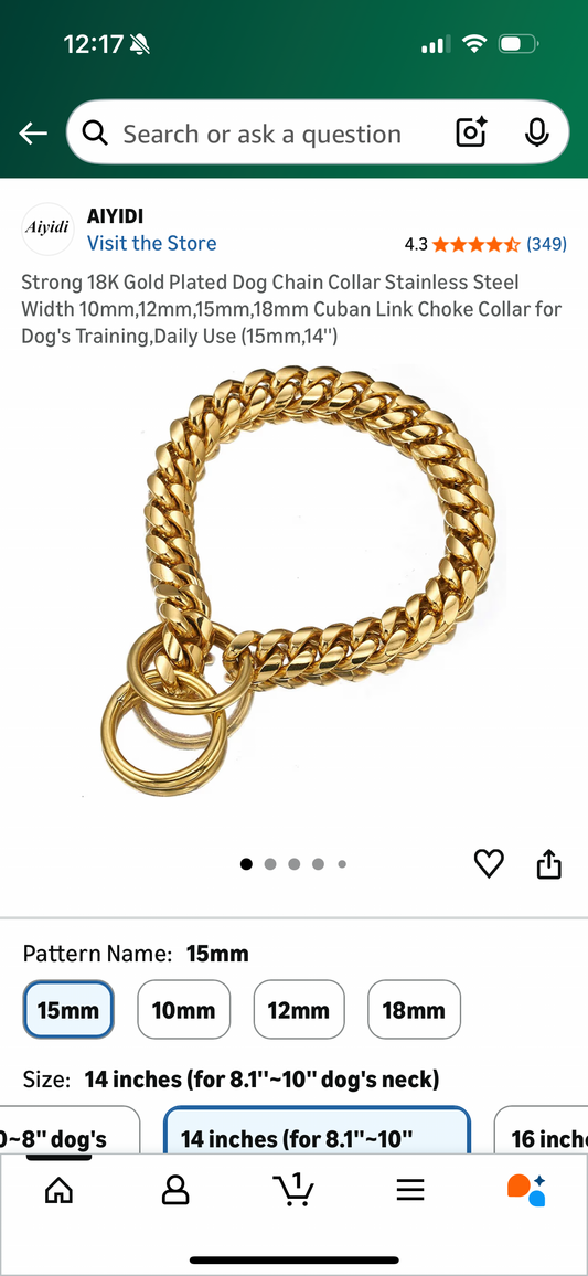 Strong 18K Gold Plated Dog Chain Collar Stainless Steel Width 10mm,12mm,15mm,18mm Cuban Link Choke Collar for Dog's Training,Daily Use (15mm,14'')