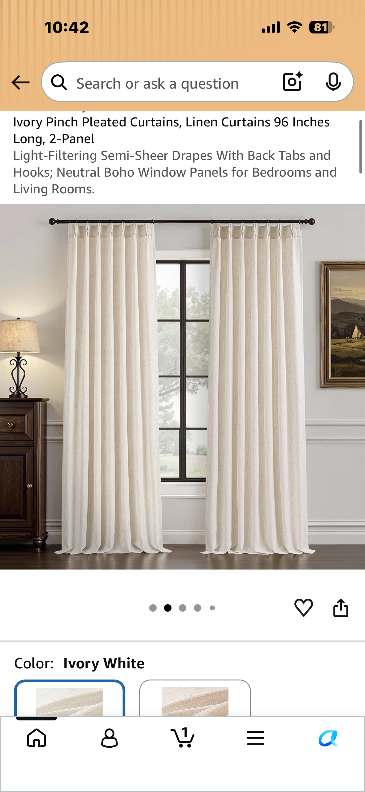 Ivory Pinch Pleated Linen Curtains, 40” Wide x 96” Long, 2-Panel Light-Filtering Drapes With Back Tabs and Hooks; Neutral Boho Window Panels for Bedrooms and Living Rooms.