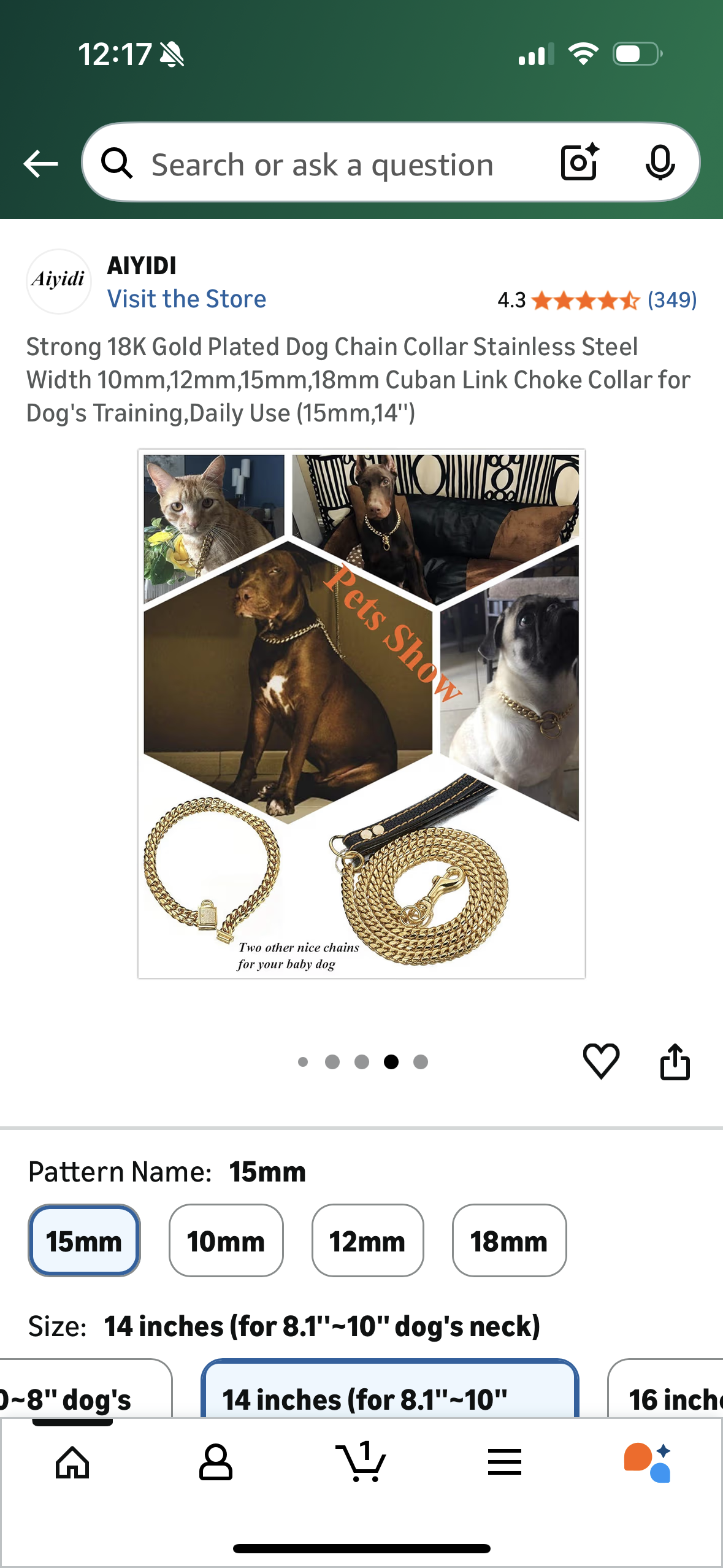 Strong 18K Gold Plated Dog Chain Collar Stainless Steel Width 10mm,12mm,15mm,18mm Cuban Link Choke Collar for Dog's Training,Daily Use (15mm,14'')