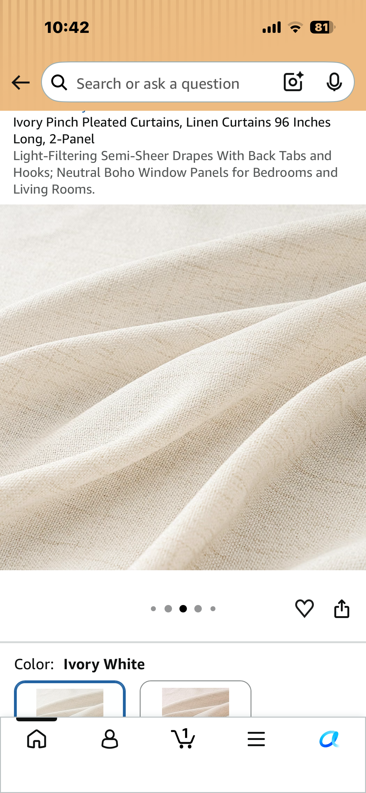 Ivory Pinch Pleated Linen Curtains, 40” Wide x 96” Long, 2-Panel Light-Filtering Drapes With Back Tabs and Hooks; Neutral Boho Window Panels for Bedrooms and Living Rooms.