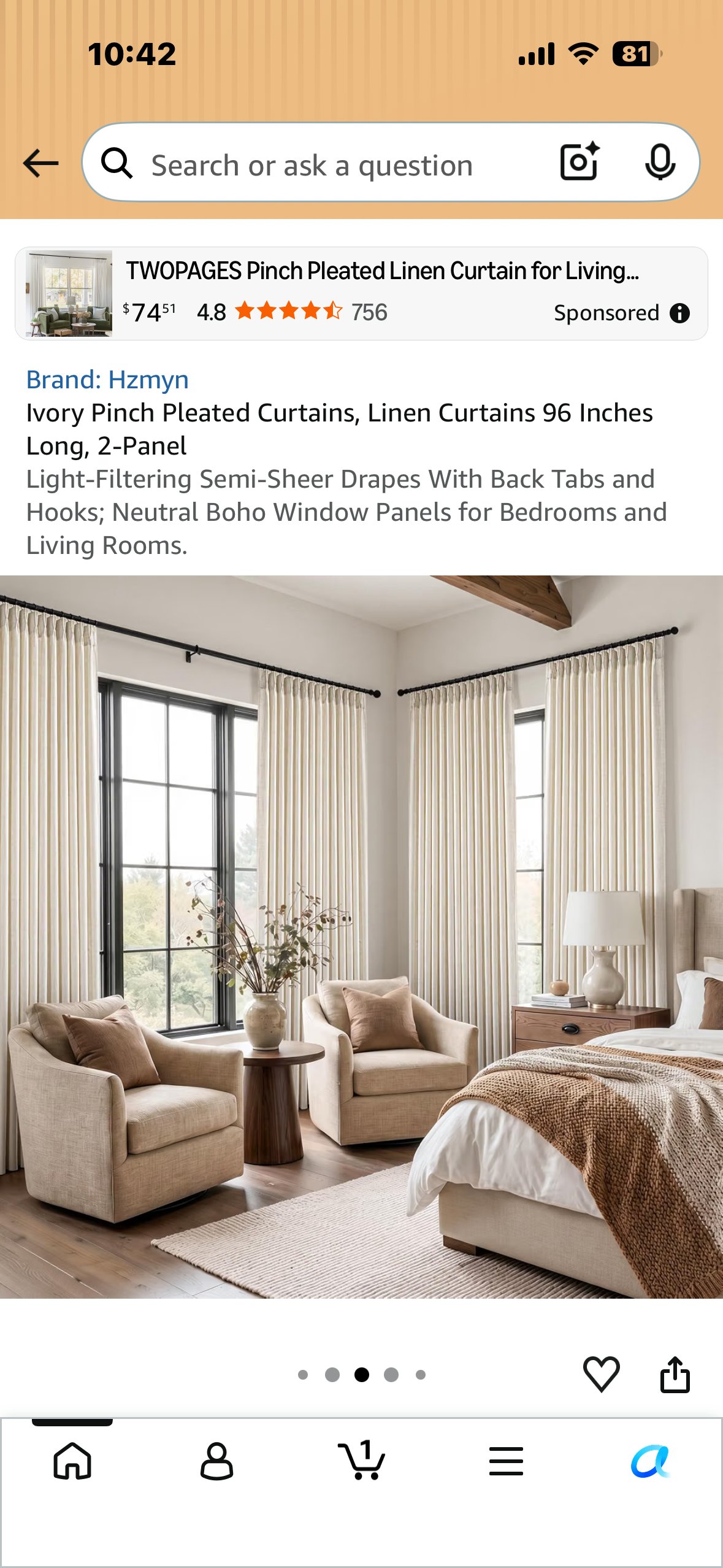 Ivory Pinch Pleated Linen Curtains, 40” Wide x 96” Long, 2-Panel Light-Filtering Drapes With Back Tabs and Hooks; Neutral Boho Window Panels for Bedrooms and Living Rooms.