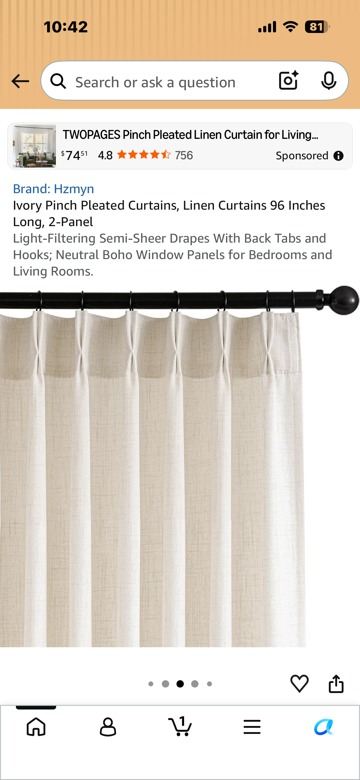 Ivory Pinch Pleated Linen Curtains, 40” Wide x 96” Long, 2-Panel Light-Filtering Drapes With Back Tabs and Hooks; Neutral Boho Window Panels for Bedrooms and Living Rooms.