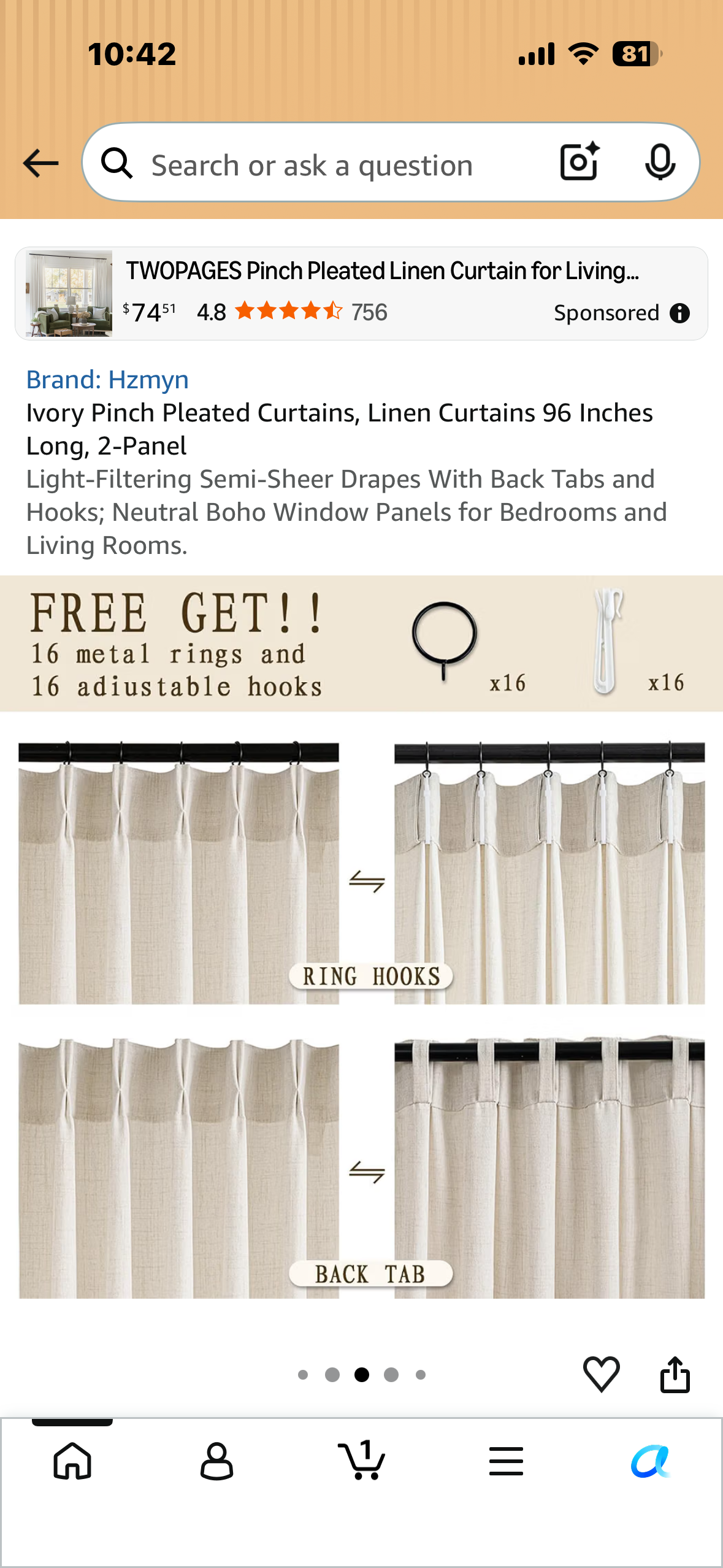 Ivory Pinch Pleated Linen Curtains, 40” Wide x 96” Long, 2-Panel Light-Filtering Drapes With Back Tabs and Hooks; Neutral Boho Window Panels for Bedrooms and Living Rooms.