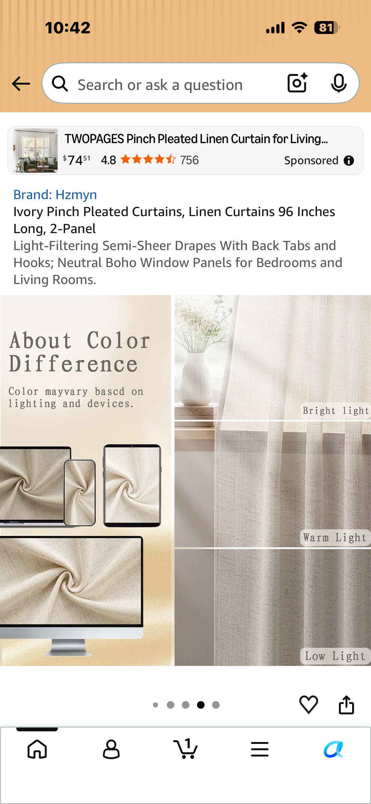Ivory Pinch Pleated Linen Curtains, 40” Wide x 96” Long, 2-Panel Light-Filtering Drapes With Back Tabs and Hooks; Neutral Boho Window Panels for Bedrooms and Living Rooms.