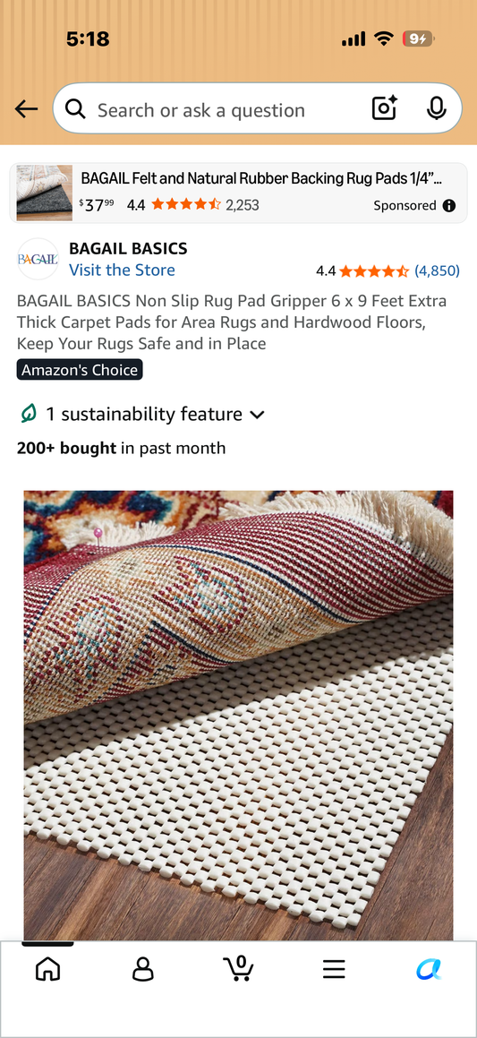 BAGAIL BASICS Non Slip Rug Pad Gripper 6 x 9 Feet Extra Thick Carpet Pads for Area Rugs and Hardwood Floors, Keep Your Rugs Safe and in Place