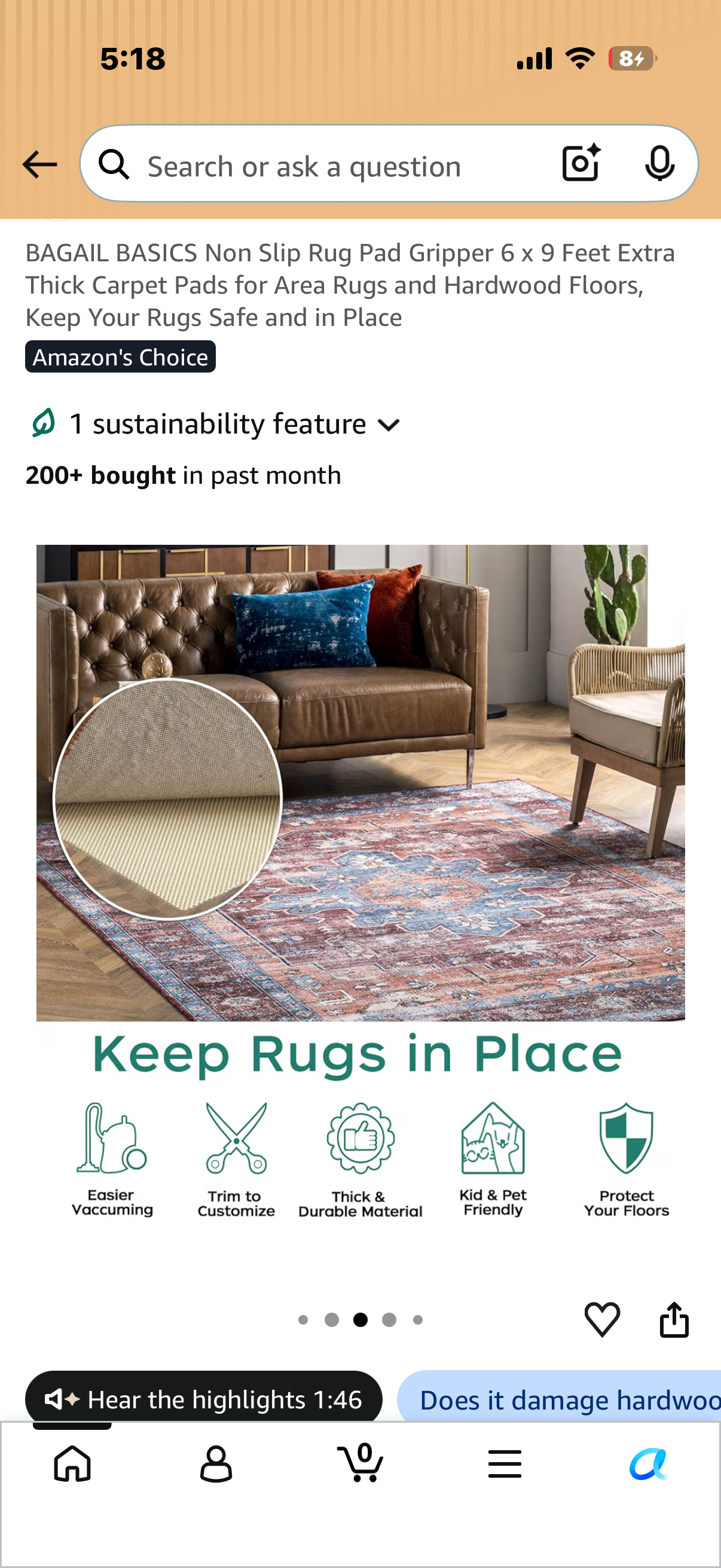 BAGAIL BASICS Non Slip Rug Pad Gripper 6 x 9 Feet Extra Thick Carpet Pads for Area Rugs and Hardwood Floors, Keep Your Rugs Safe and in Place
