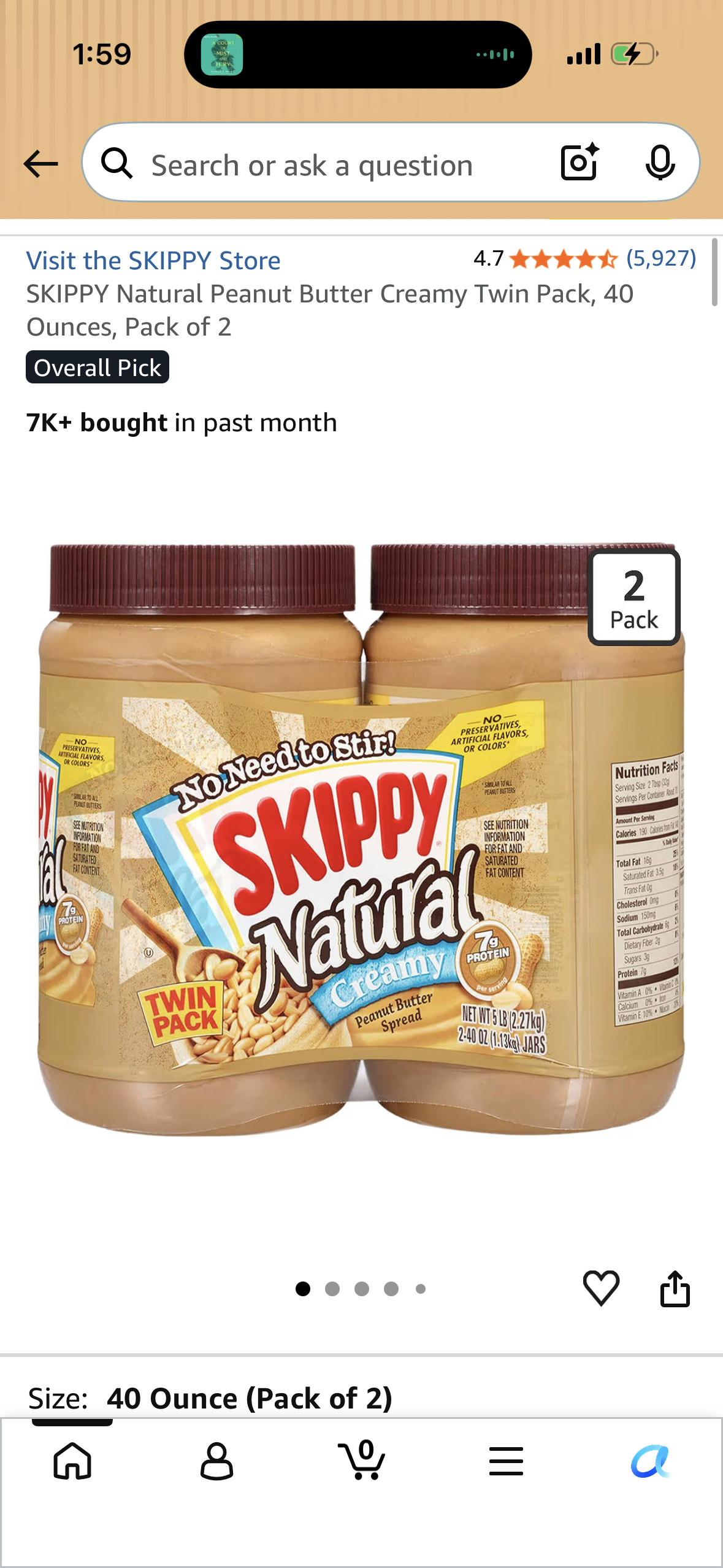 SKIPPY Natural Peanut Butter Creamy Twin Pack, 40 Ounces, Pack of 2