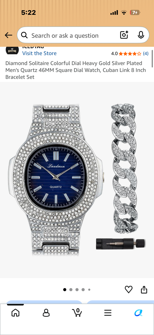 Diamond Solitaire Colorful Dial Heavy Gold Silver Plated Men's Quartz 46MM Square Dial Watch, Cuban Link 8 Inch Bracelet Set