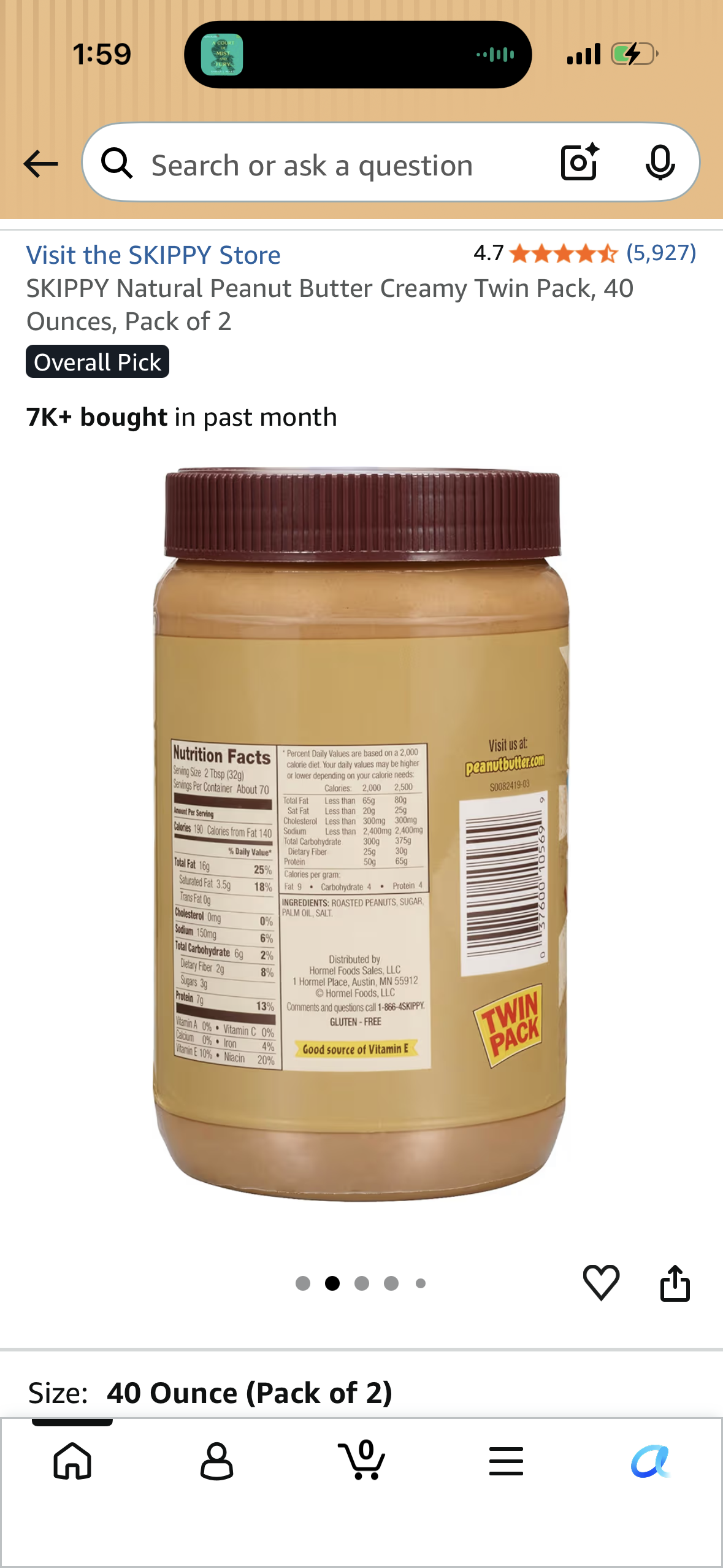 SKIPPY Natural Peanut Butter Creamy Twin Pack, 40 Ounces, Pack of 2