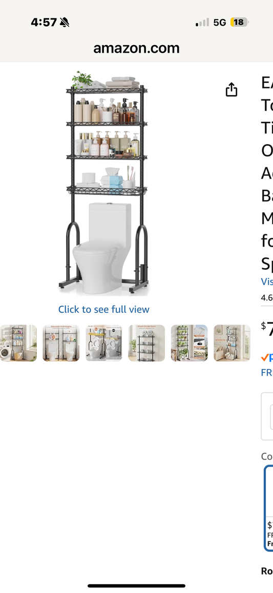 EAGMAK Over The Toilet Storage Rack, 4-Tier Bathroom Organizer with Adjustable Shelves & Basket, Rust-Resistant Metal Over Toilet Shelf for Small Bathroom Space Saving, Black