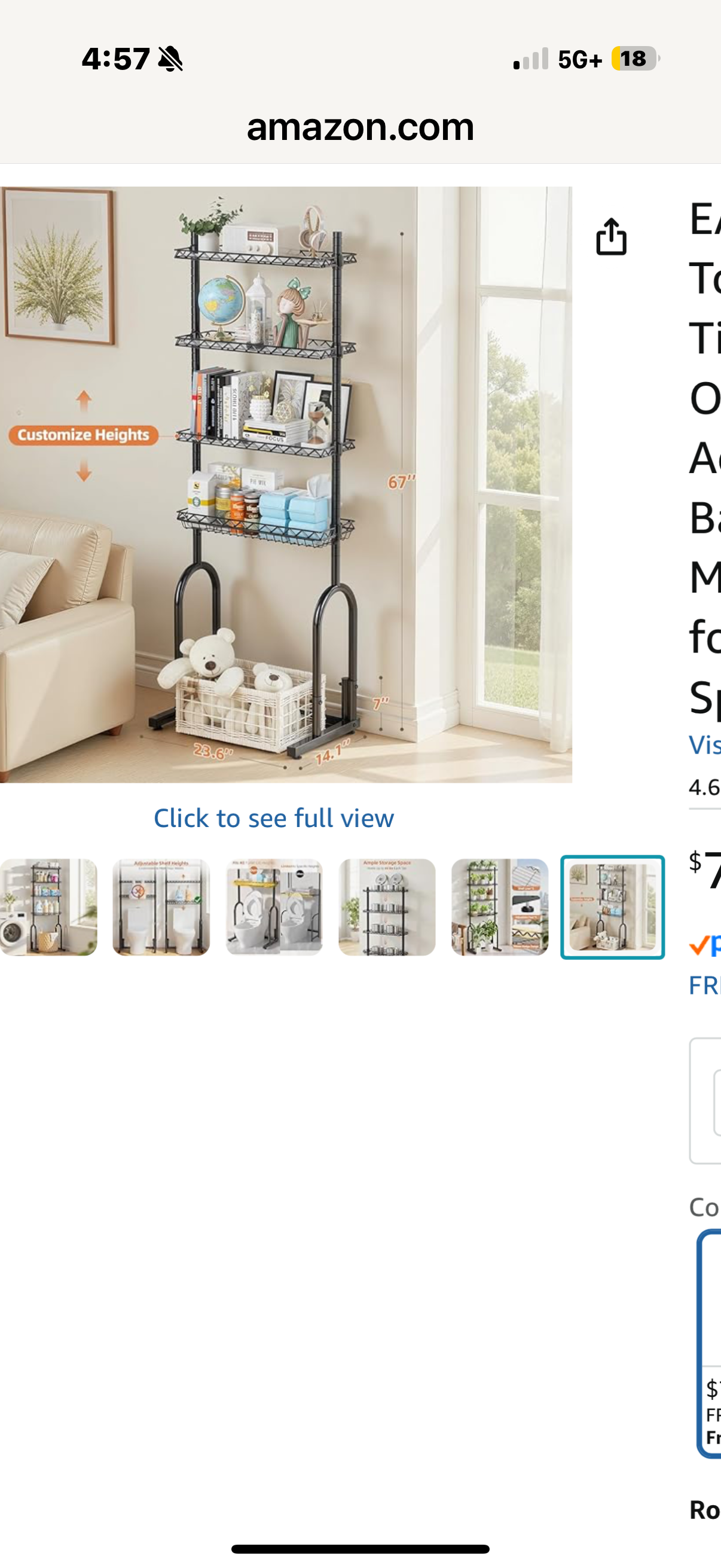 EAGMAK Over The Toilet Storage Rack, 4-Tier Bathroom Organizer with Adjustable Shelves & Basket, Rust-Resistant Metal Over Toilet Shelf for Small Bathroom Space Saving, Black