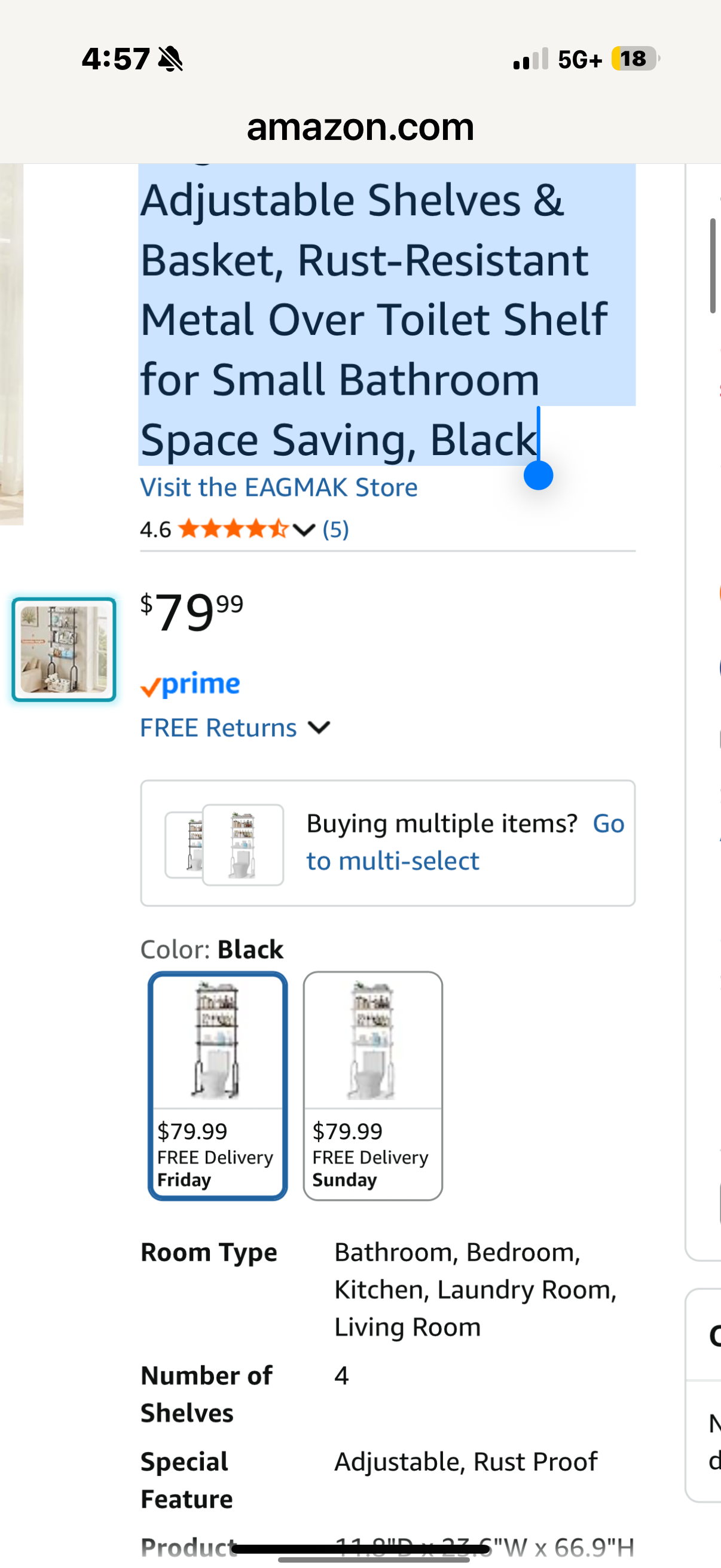EAGMAK Over The Toilet Storage Rack, 4-Tier Bathroom Organizer with Adjustable Shelves & Basket, Rust-Resistant Metal Over Toilet Shelf for Small Bathroom Space Saving, Black