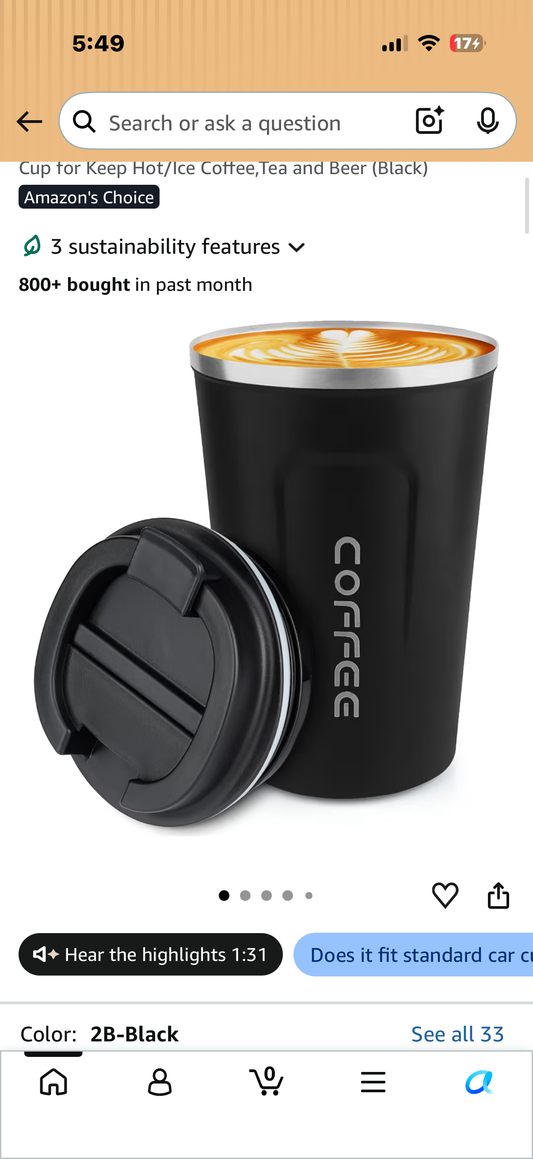 Coffee Insulated Tumbler Cups, 12 oz, Black