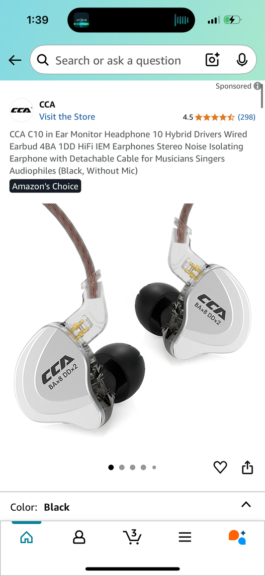 CCA C10 in Ear Monitor Headphone 10 Hybrid Drivers Wired Earbud 4BA 1DD HiFi IEM Earphones Stereo Noise Isolating Earphone with Detachable Cable for Musicians Singers Audiophiles (Black, Without Mic)