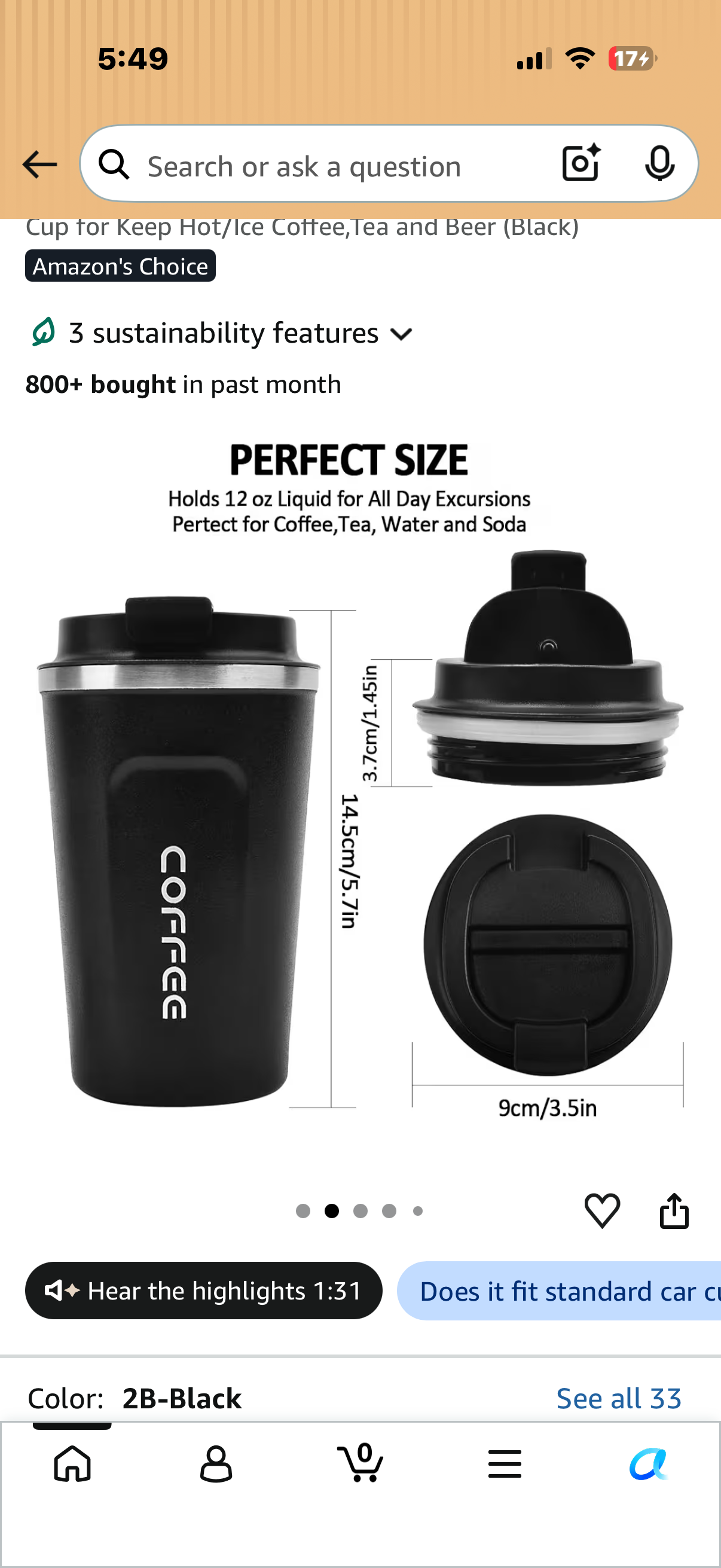 Coffee Insulated Tumbler Cups, 12 oz, Black