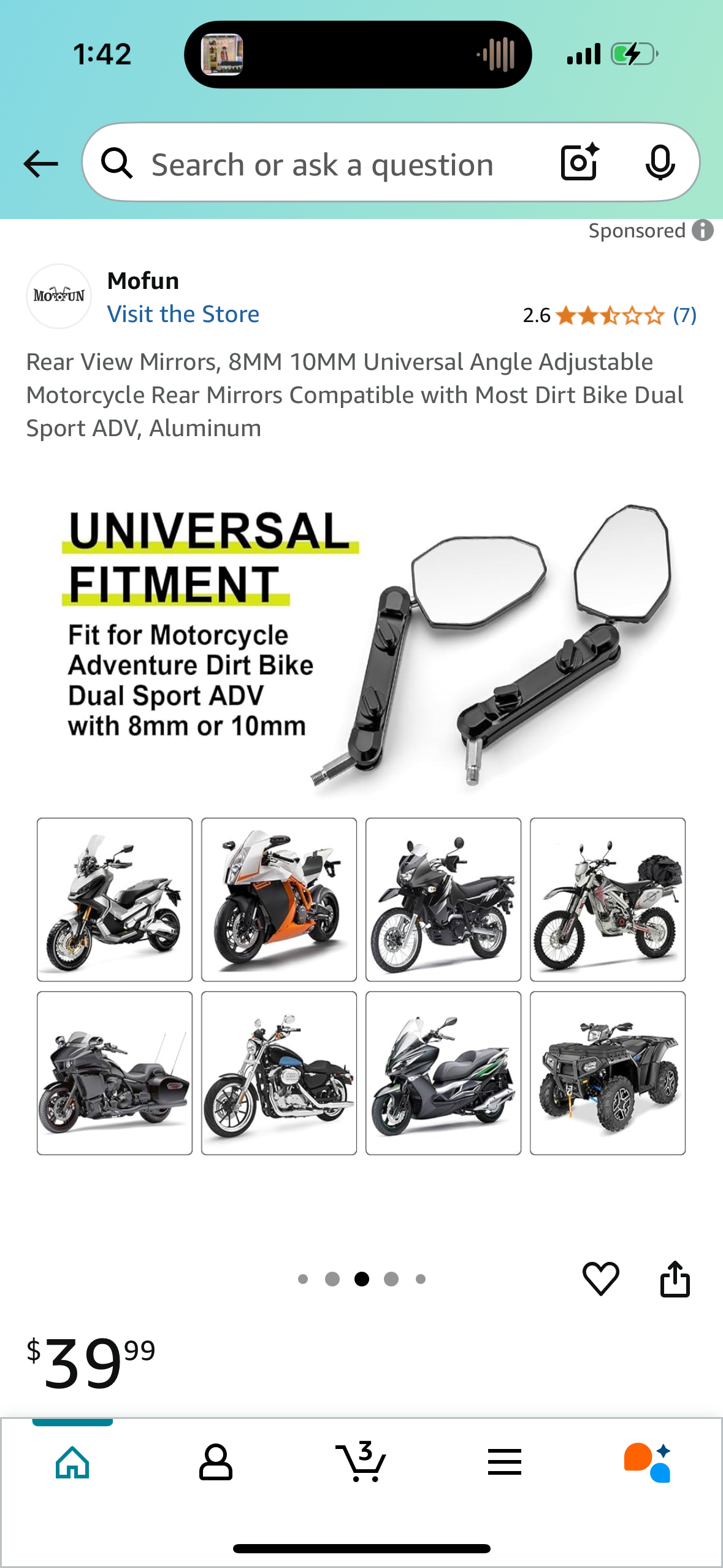 Rear View Mirrors, 8MM 10MM Universal Angle Adjustable Motorcycle Rear Mirrors Compatible with Most Dirt Bike Dual Sport ADV, Aluminum