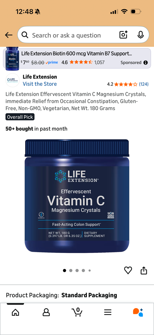 Life Extension Effervescent Vitamin C Magnesium Crystals, immediate Relief from Occasional Constipation, Gluten-Free, Non-GMO, Vegetarian, Net Wt. 180 Grams