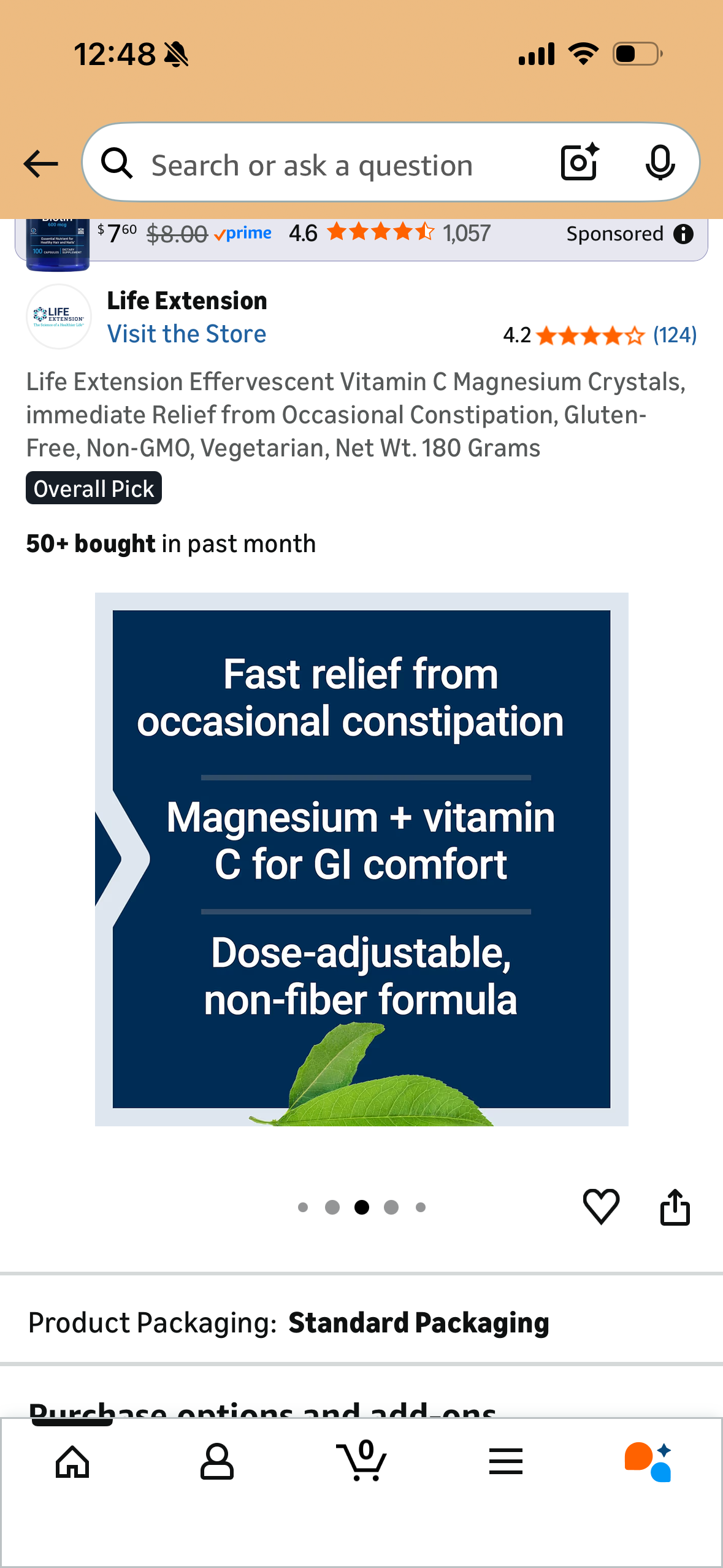 Life Extension Effervescent Vitamin C Magnesium Crystals, immediate Relief from Occasional Constipation, Gluten-Free, Non-GMO, Vegetarian, Net Wt. 180 Grams