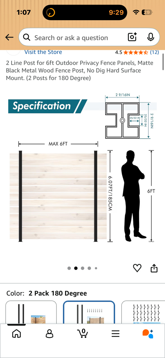 2 Line Post for 6ft Outdoor Privacy Fence Panels, Matte Black Metal Wood Fence Post, No Dig Hard Surface Mount. (2 Posts for 180 Degree) (G1086)