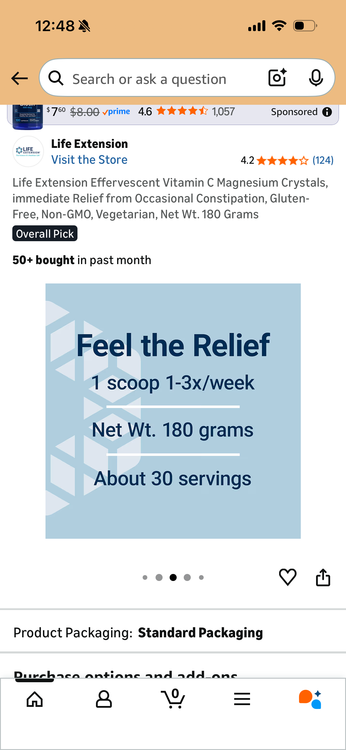 Life Extension Effervescent Vitamin C Magnesium Crystals, immediate Relief from Occasional Constipation, Gluten-Free, Non-GMO, Vegetarian, Net Wt. 180 Grams