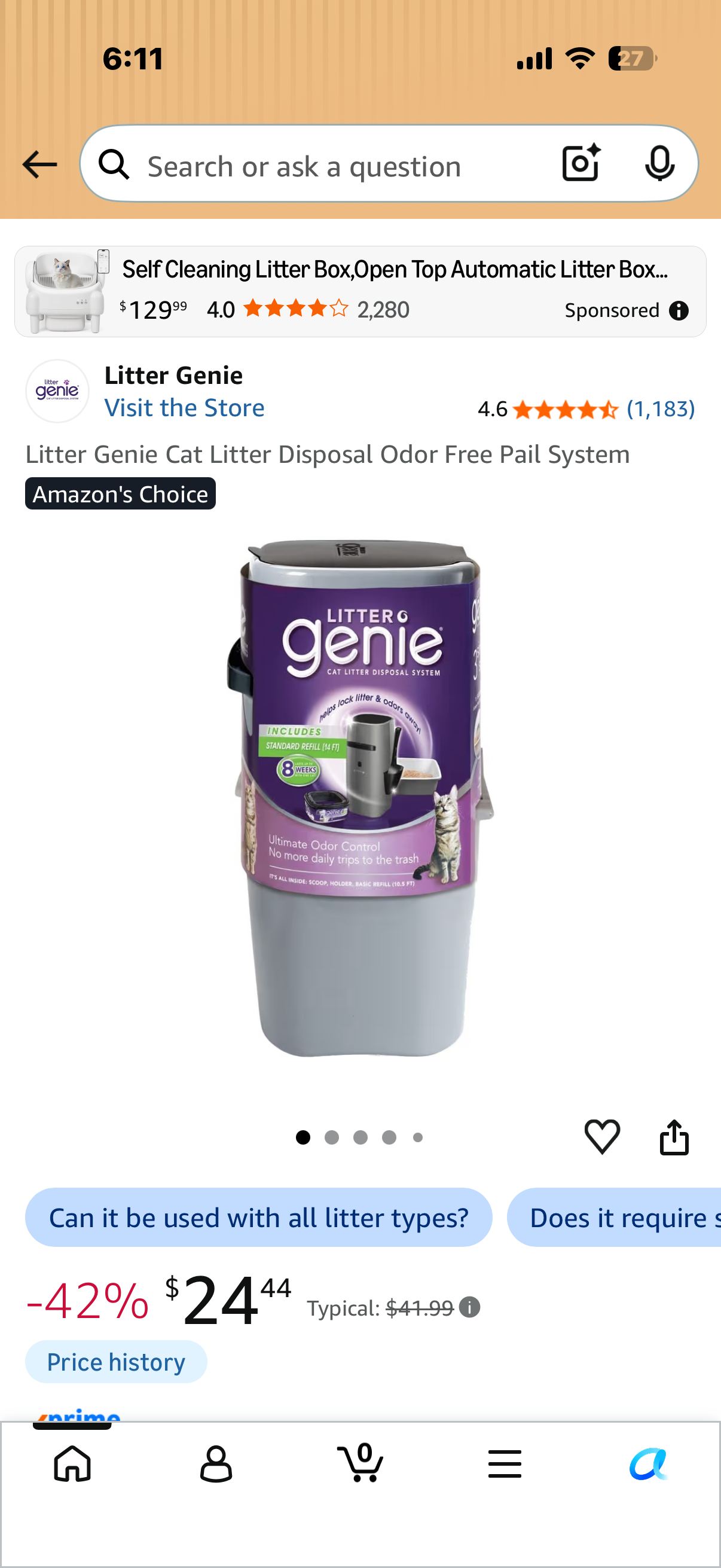 Litter Genie Cat Litter Disposal Odor Free Pail System