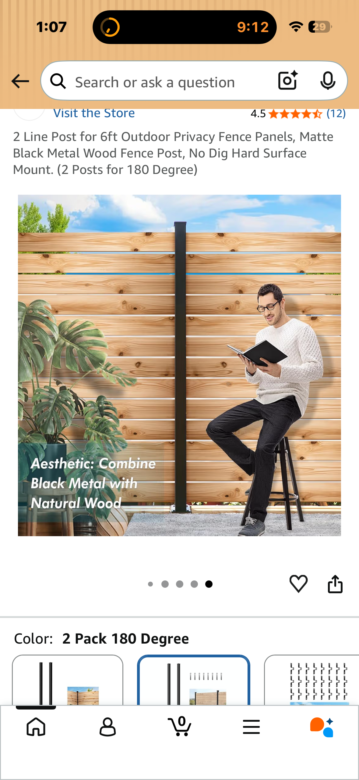 2 Line Post for 6ft Outdoor Privacy Fence Panels, Matte Black Metal Wood Fence Post, No Dig Hard Surface Mount. (2 Posts for 180 Degree) (G1086)