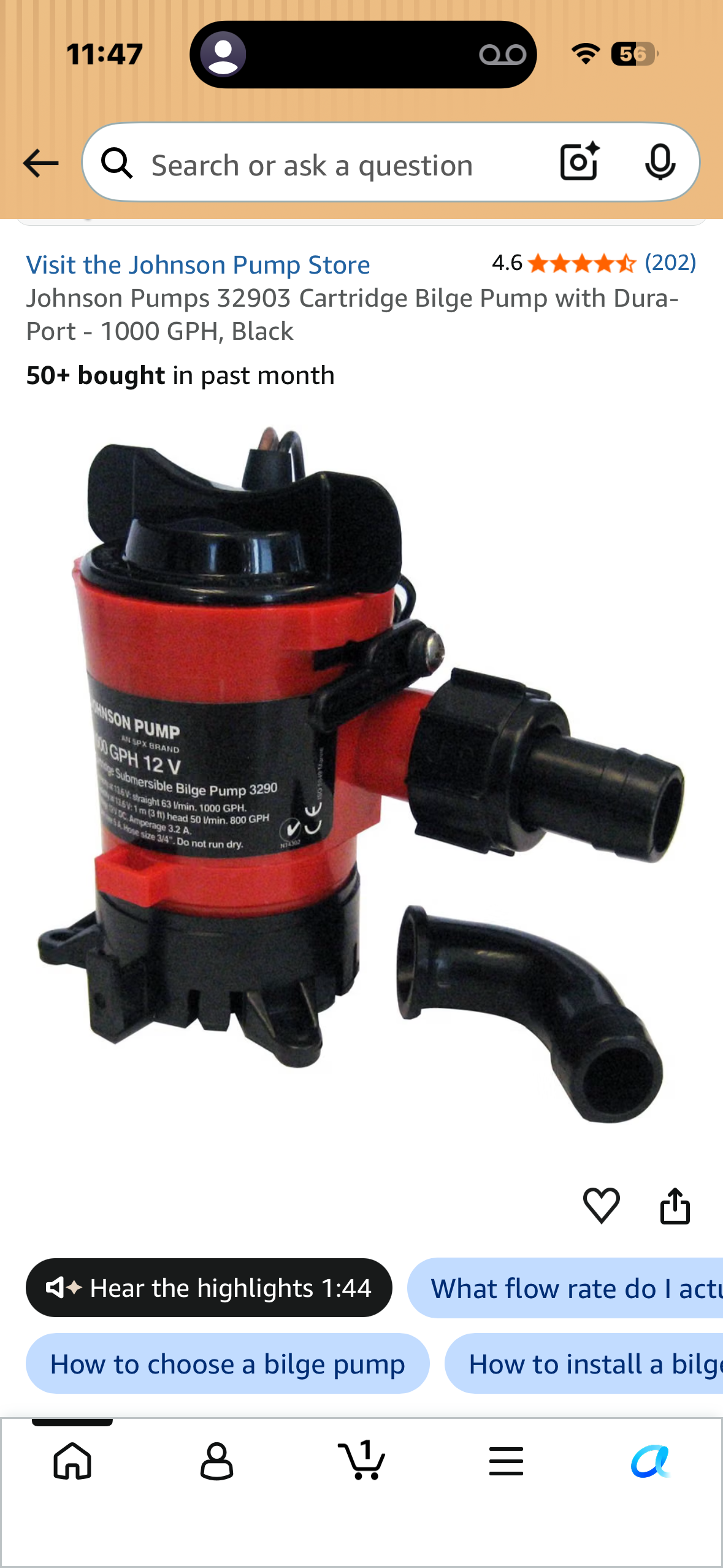 Johnson Pumps 32903 Cartridge Bilge Pump with Dura-Port - 1000 GPH, Black