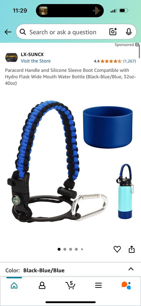 Paracord Handle and Silicone Sleeve Boot Compatible with Hydro Flask Wide Mouth Water Bottle (Black-Blue/Blue, 32oz-40oz)