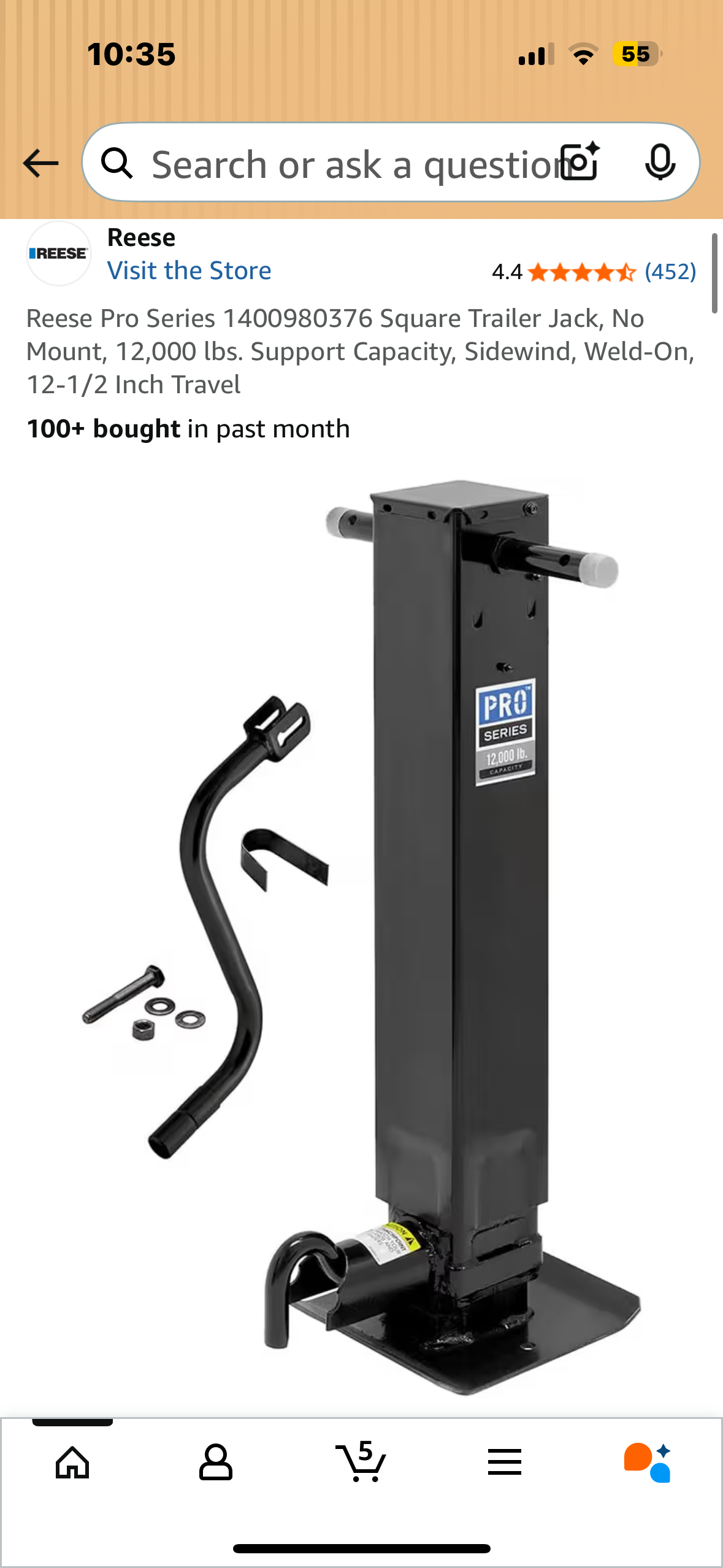 Reese Pro Series 1400980376 Square Trailer Jack, No Mount, 12,000 lbs. Support Capacity, Sidewind, Weld-On, 12-1/2 Inch Travel (G878)