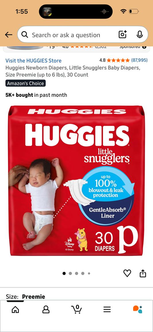 Huggies Newborn Diapers, Little Snugglers Baby Diapers, Size Preemie (up to 6 lbs), 30 Count